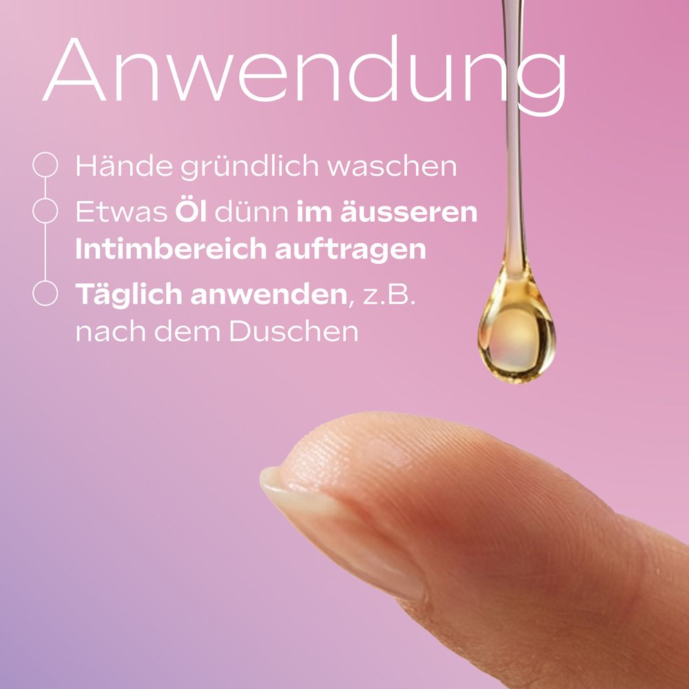 Tropfen Öl auf einem Finger. Text: Hände waschen, Öl auftragen, täglich anwenden.