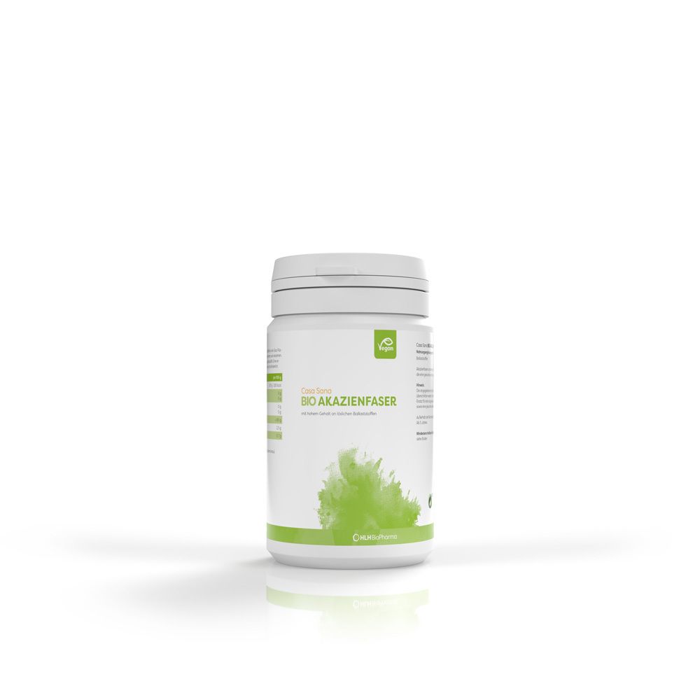 Weiße Dose mit grünem Etikett. Aufschrift: BIO AKAZIENFASER. Deckel mit Drehverschluss. Grün-weiße Farbgebung.