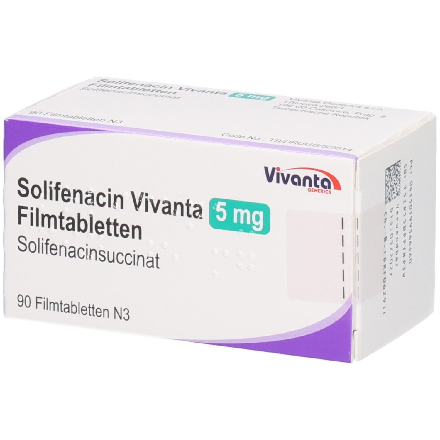 Verpackung von Solifenacin Vivanta 5 mg Filmtabletten, 90 Stück.