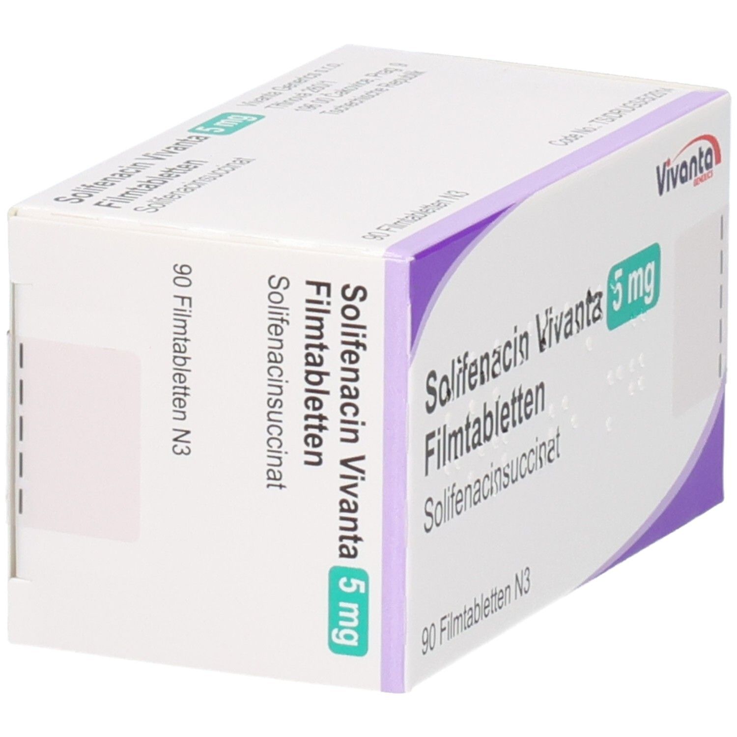 Seitenansicht der Verpackung von Solifenacin Vivanta 5 mg Filmtabletten, 90 Stück.