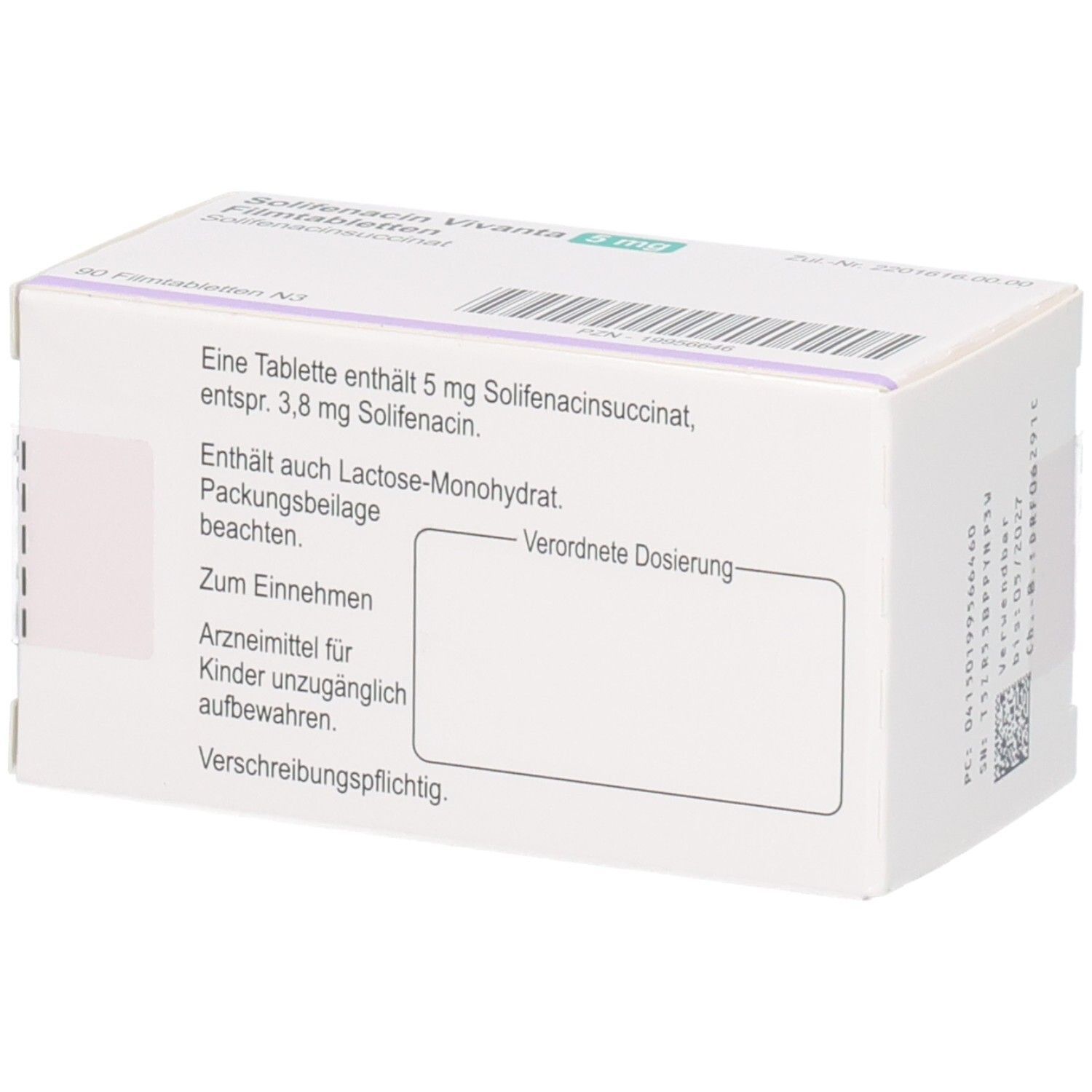 Rückseite der Verpackung von Solifenacin Vivanta 5 mg Filmtabletten mit Dosierungsinformationen.