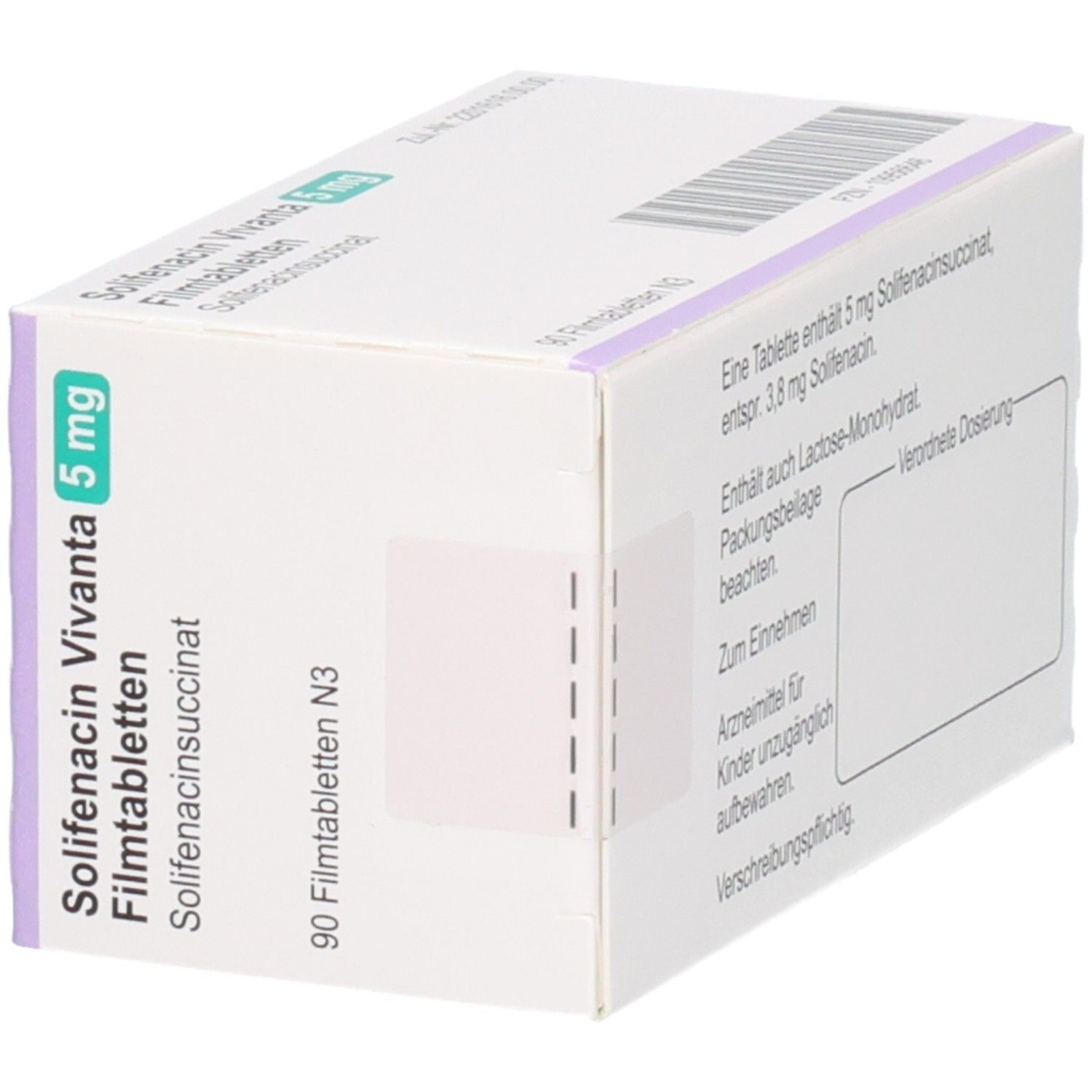 Schräge Ansicht der Verpackung von Solifenacin Vivanta 5 mg Filmtabletten, 90 Stück.