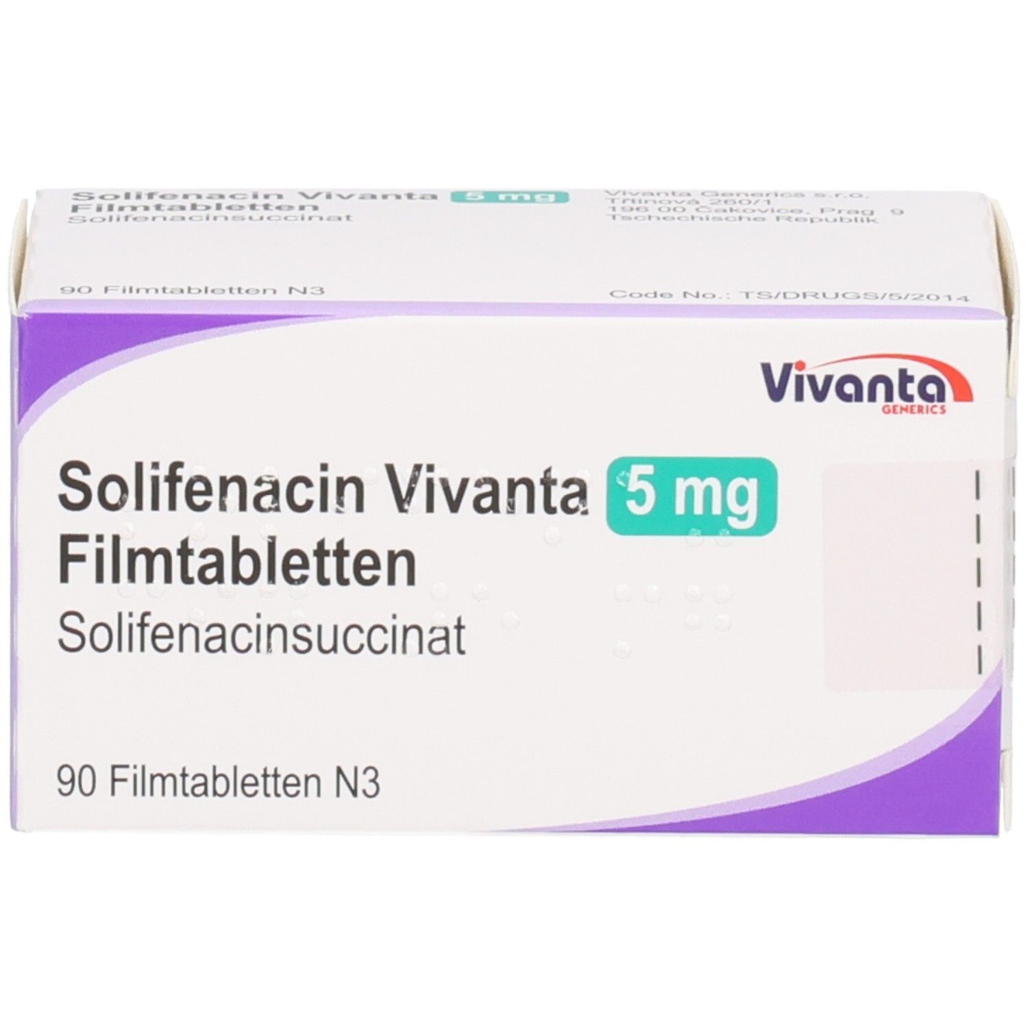 Vorderseite der Verpackung von Solifenacin Vivanta 5 mg Filmtabletten, 90 Stück.