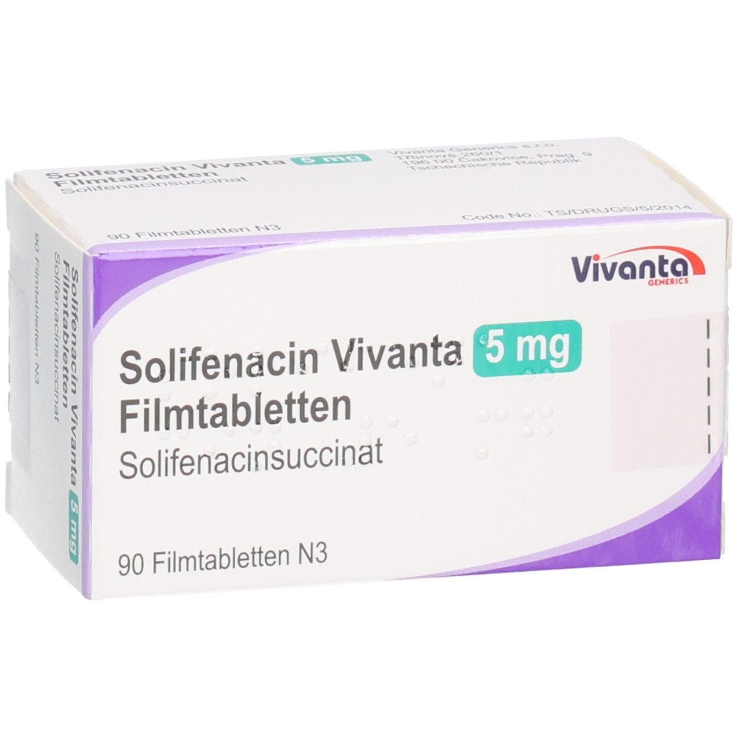 Verpackung von Solifenacin Vivanta 5 mg Filmtabletten, 90 Stück, mit Vivanta-Logo.