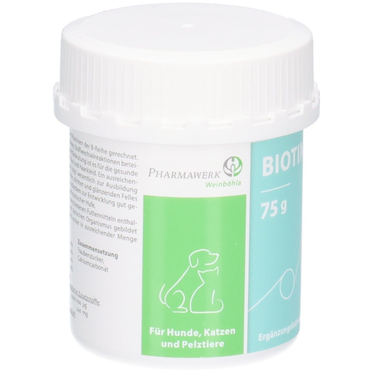 Rückseite einer Biotin Agraria 75g Dose. Grüne Seitenfläche mit Tierabbildungen und Text.