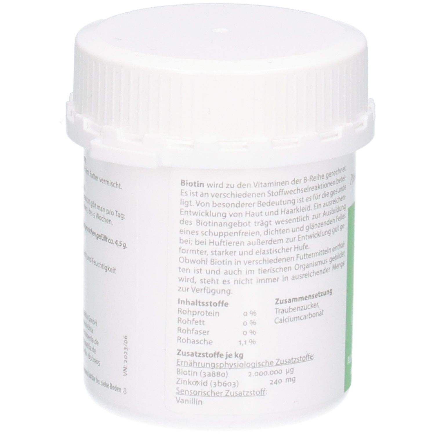 Seitenansicht der Biotin Agraria 75g Dose. Enthält detaillierte Inhaltsstoff- und Zusammensetzungsangaben.