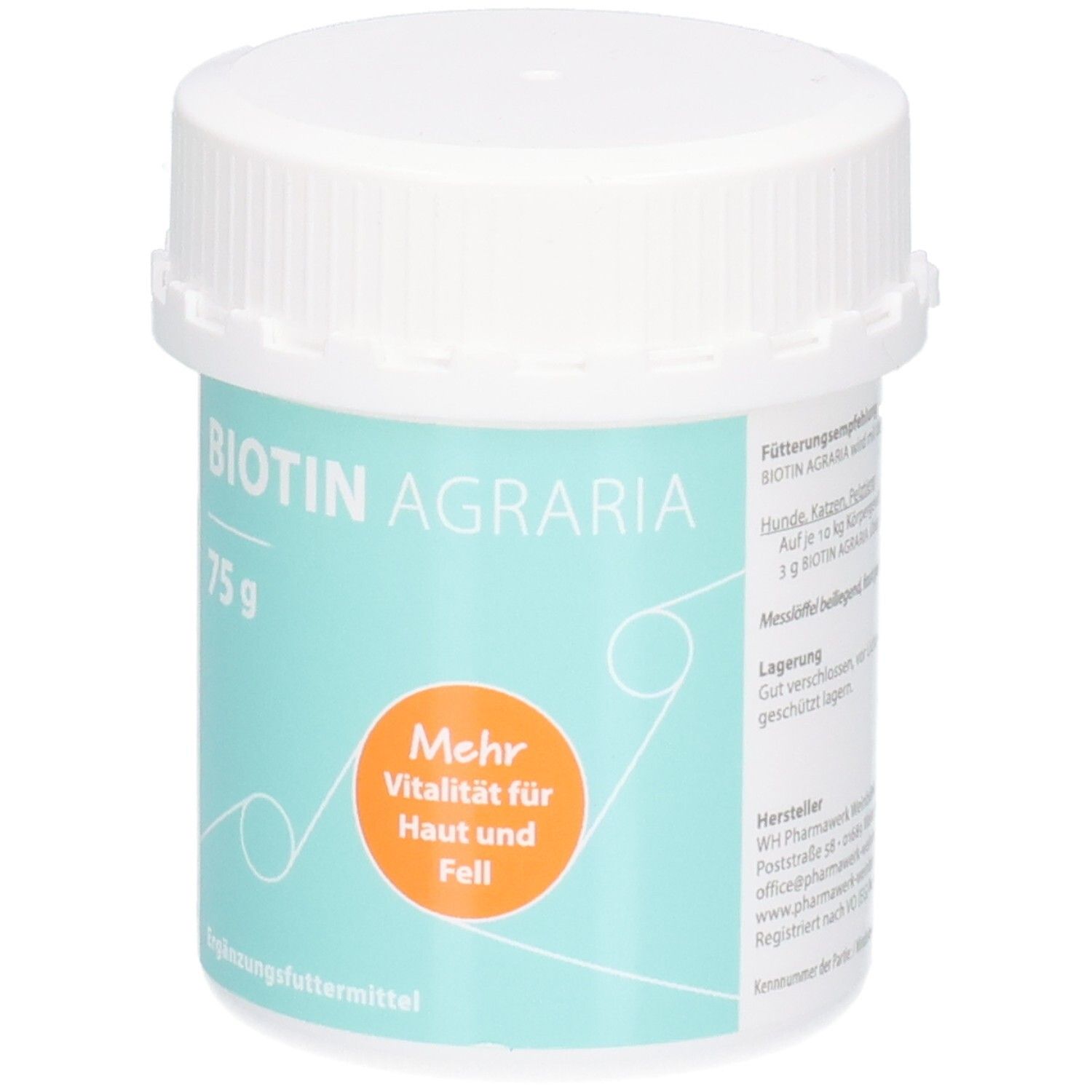 Vorderseite der Biotin Agraria 75g Dose. Hellblaues Etikett mit orangefarbenem Kreis und Text.