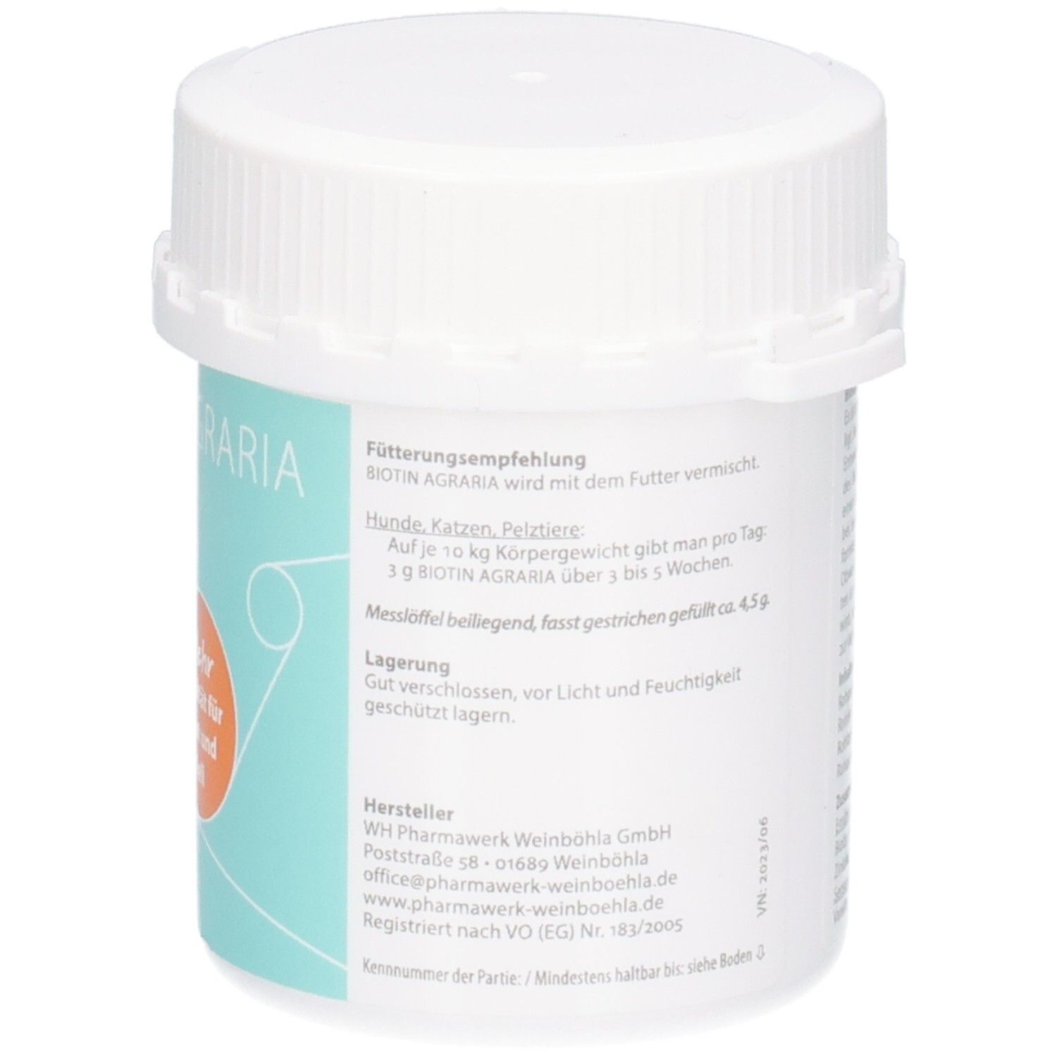 Rückseite der Biotin Agraria 75g Dose. Enthält Fütterungsempfehlungen und Herstellerinformationen.
