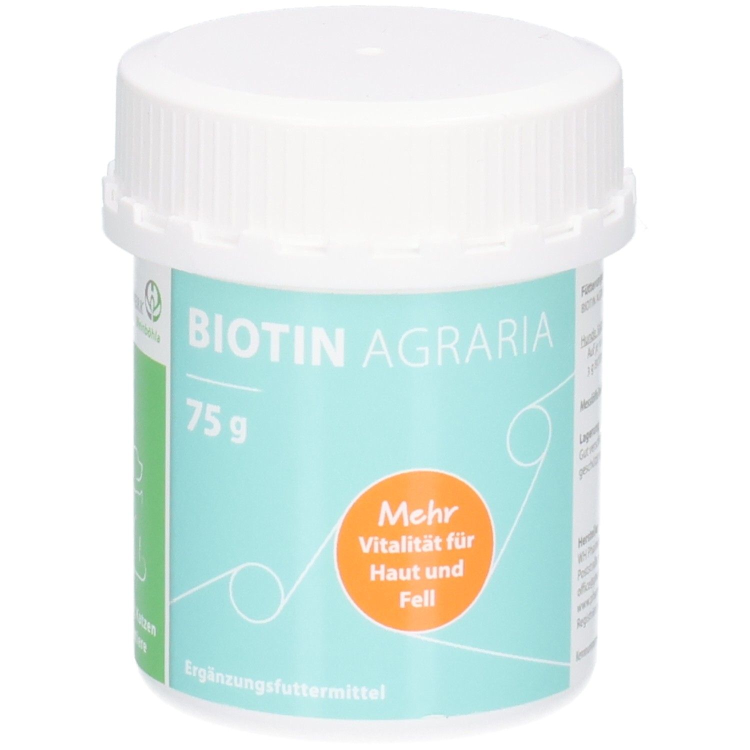 Biotin Agraria 75g Dose, Vorderansicht. Hellblaues Etikett mit orangefarbenem Kreis 'Mehr Vitalität'.