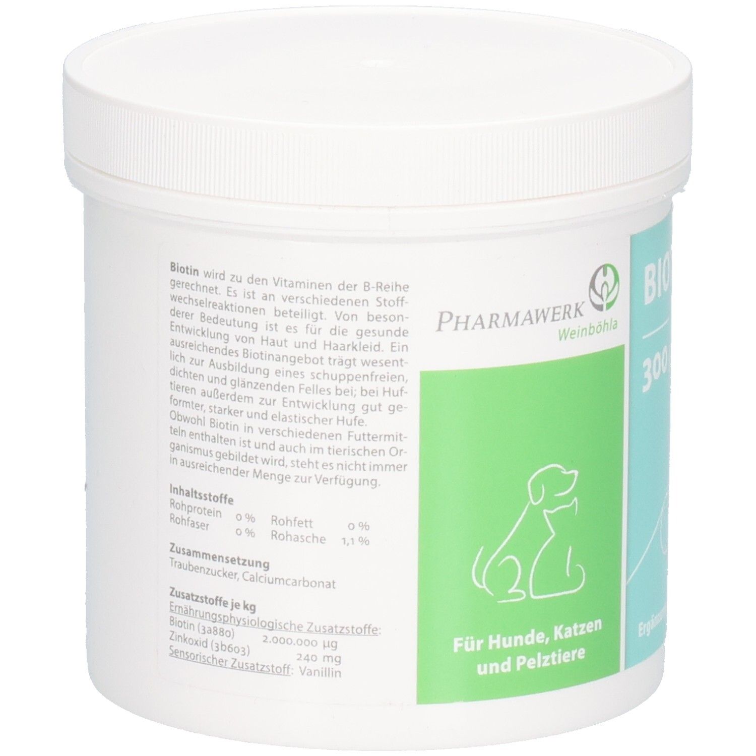 Rückseite einer Dose Biotin Agraria 300g mit Inhaltsstoffen und Zusammensetzung für Hunde, Katzen und Pelztiere.