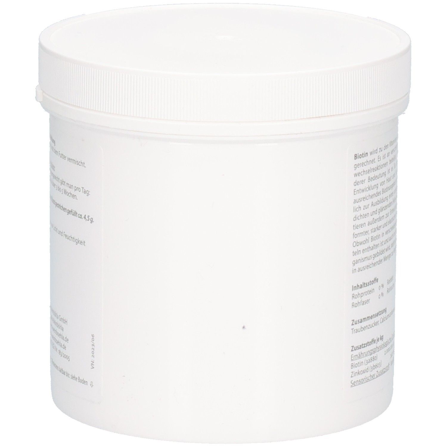 Seite einer Dose Biotin Agraria 300g mit detaillierten Informationen zur Zusammensetzung und Anwendung für Haustiere.