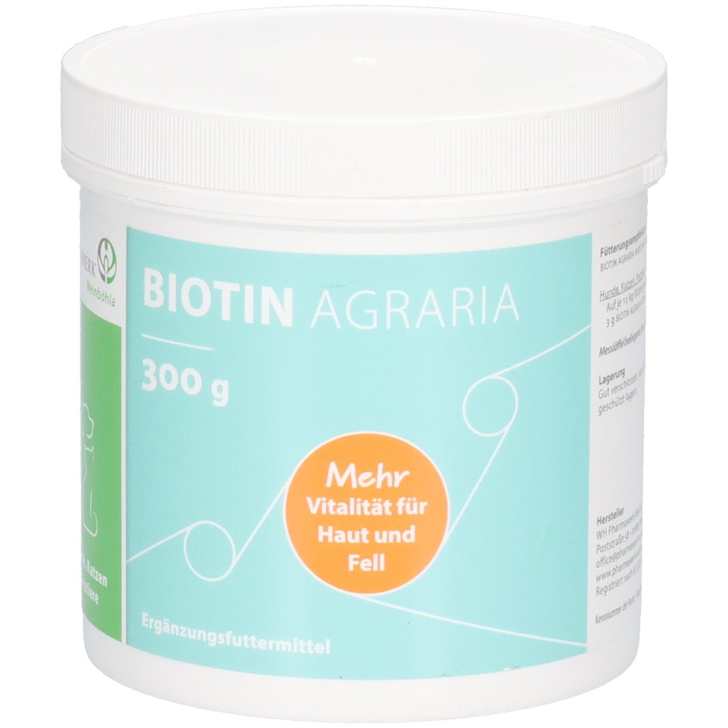 Vorderseite einer Dose Biotin Agraria 300g, die Vitalität für Haut und Fell verspricht. Für Hunde, Katzen und Pelztiere.