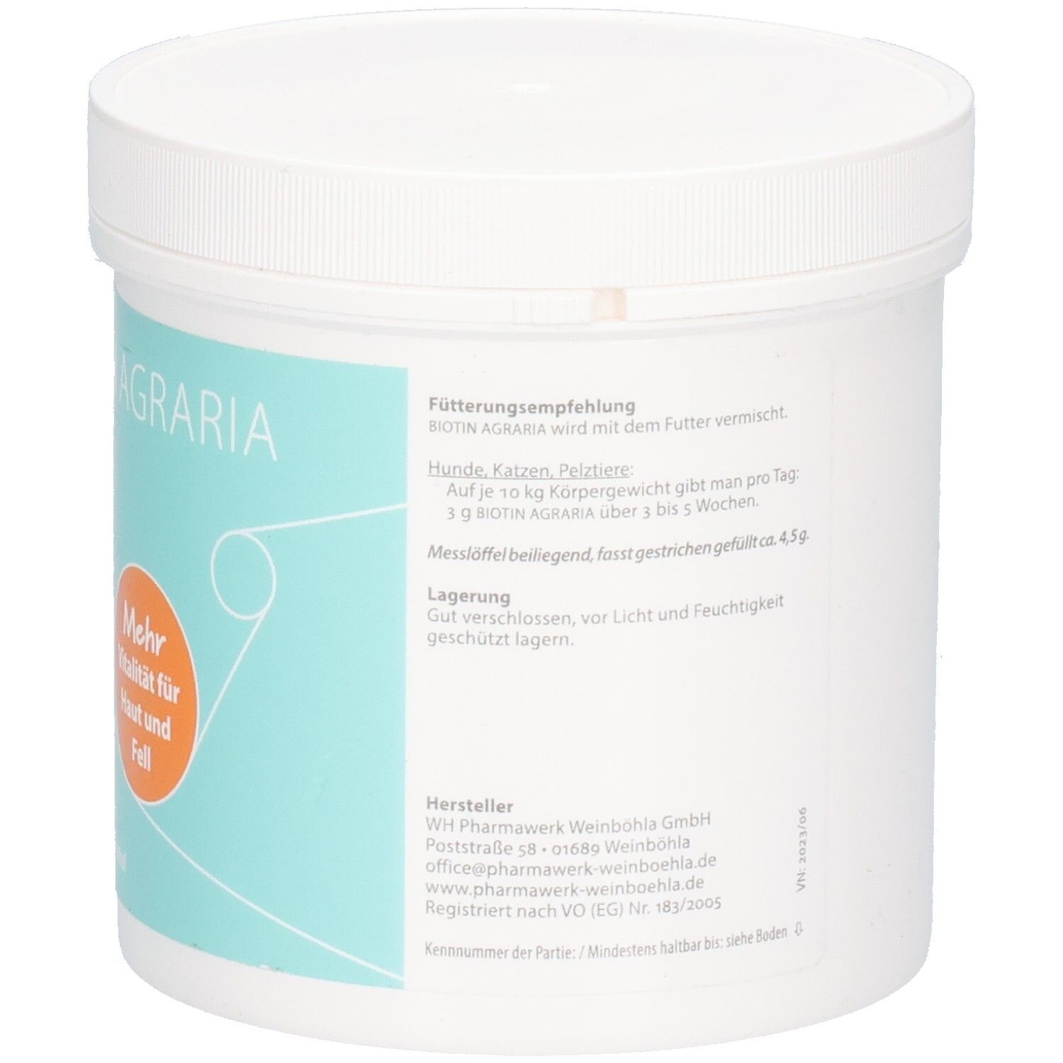 Rückseite einer Dose Biotin Agraria 300g mit Fütterungsempfehlung und Lagerhinweisen für Hunde, Katzen und Pelztiere.