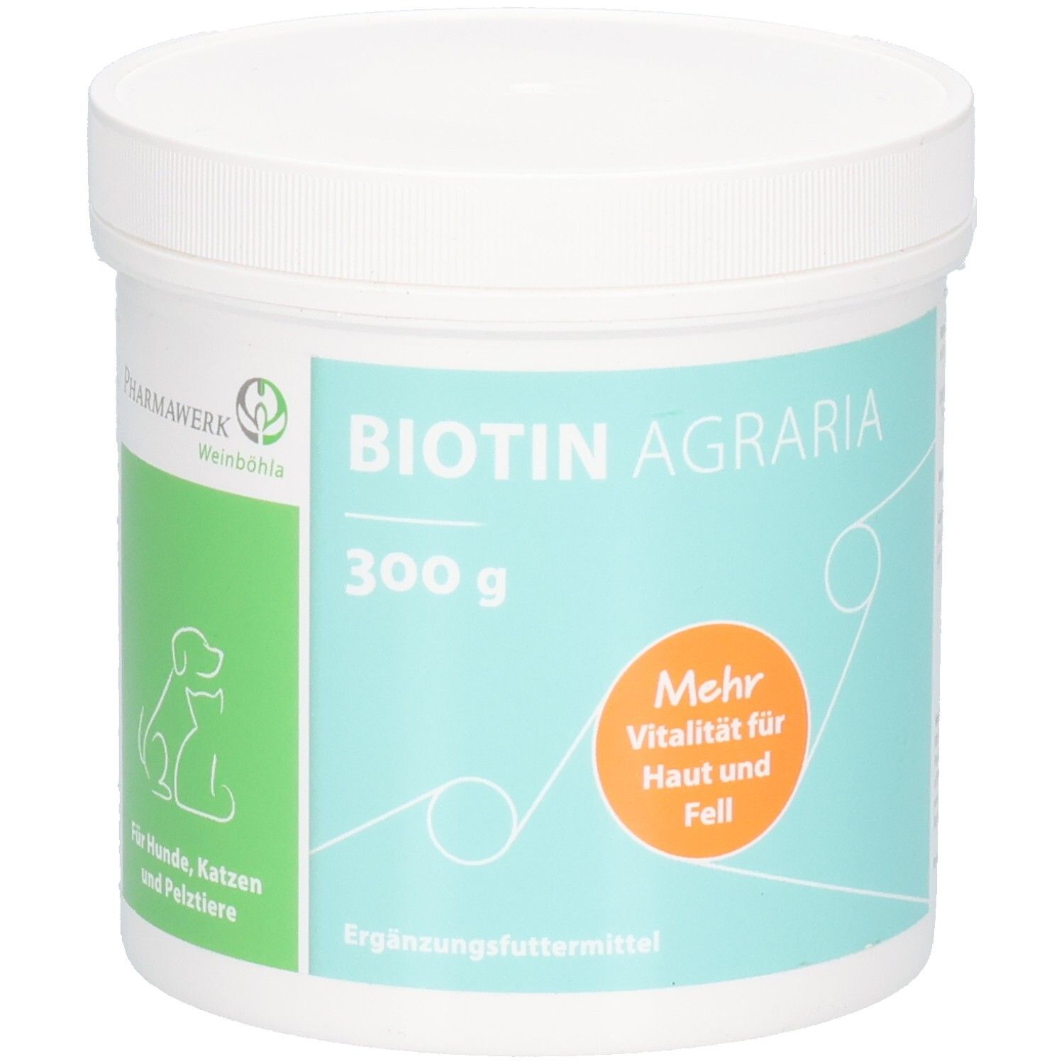 Dose Biotin Agraria 300g mit Aufdruck 'Mehr Vitalität für Haut und Fell'. Für Hunde, Katzen und Pelztiere.