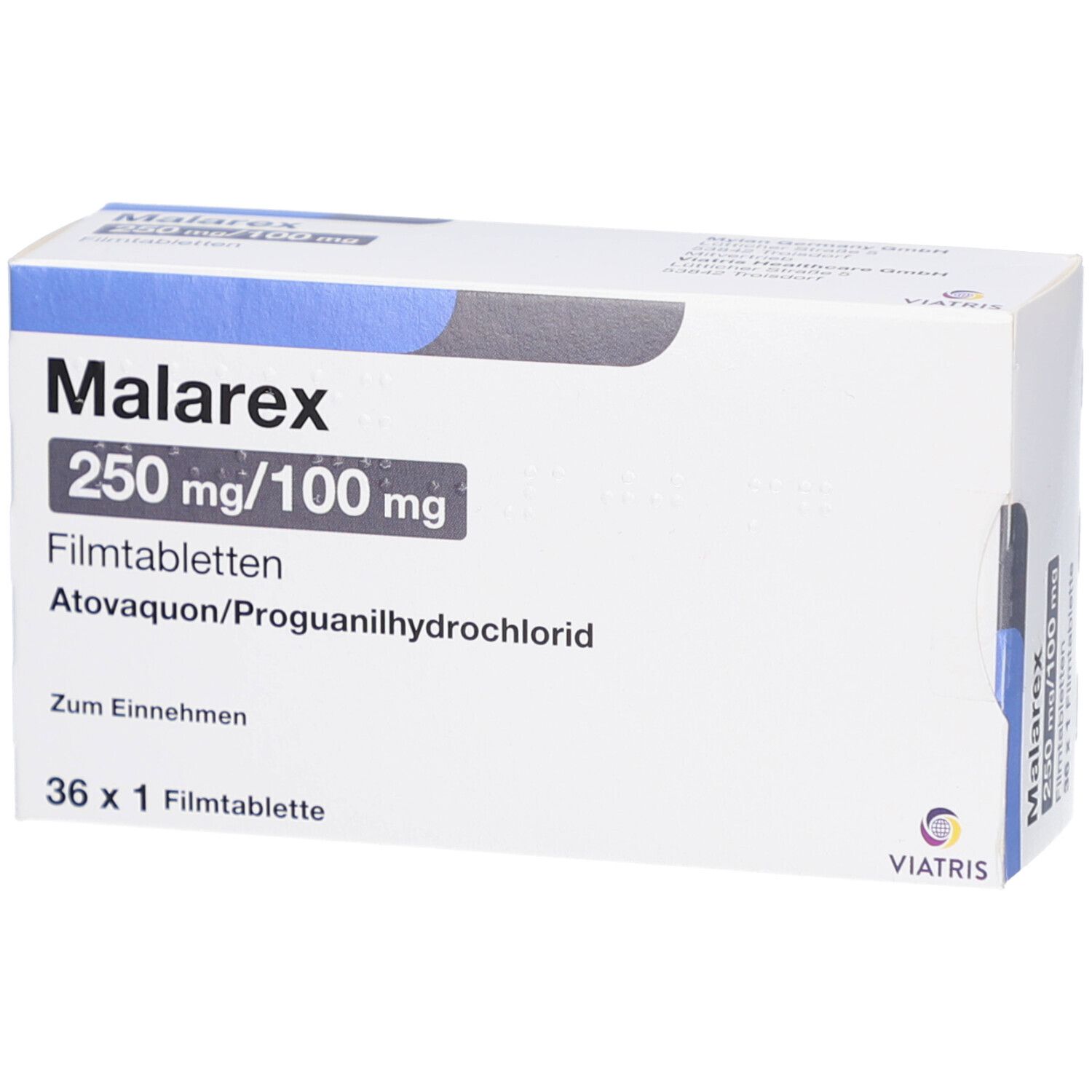 Schachtel mit MALAREX 250 mg/100 mg Filmtabletten. Aufschrift: Atovaquon/Proguanilhydrochlorid, 36 x 1 Filmtablette.