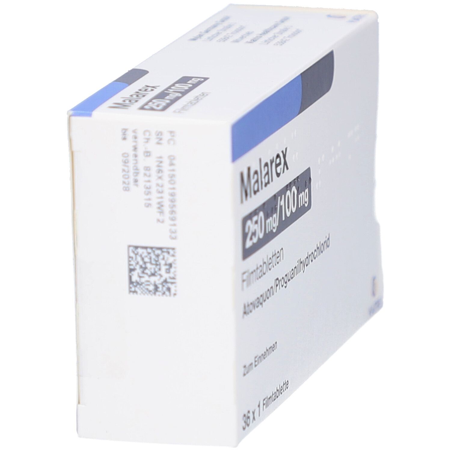 Schachtel MALAREX 250 mg/100 mg Filmtabletten, schräg. Aufschrift: Atovaquon/Proguanilhydrochlorid, 36 x 1 Filmtablette.