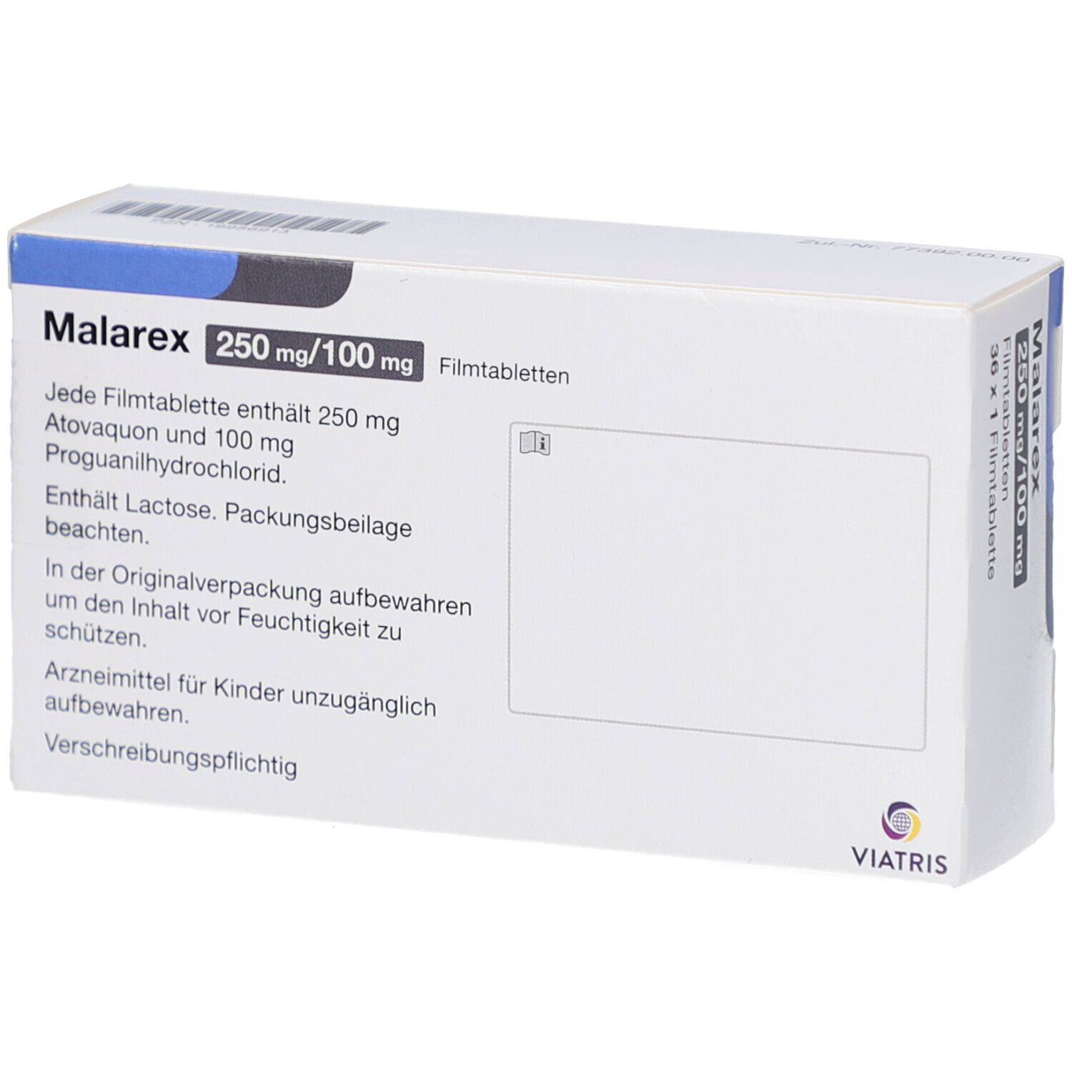 Schachtel MALAREX 250 mg/100 mg Filmtabletten. Text: Atovaquon und 100 mg Proguanilhydrochlorid. Enthält Lactose. Packungsbeilage beachten.