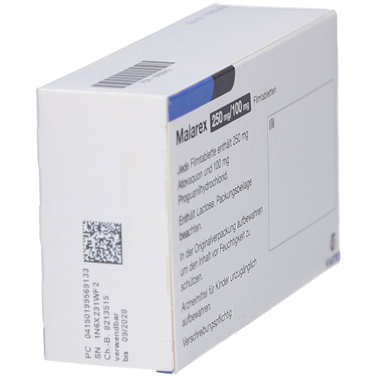 Schachtel MALAREX 250 mg/100 mg Filmtabletten, schräg. Text: Atovaquon und 100 mg Proguanilhydrochlorid. Enthält Lactose. Packungsbeilage beachten.