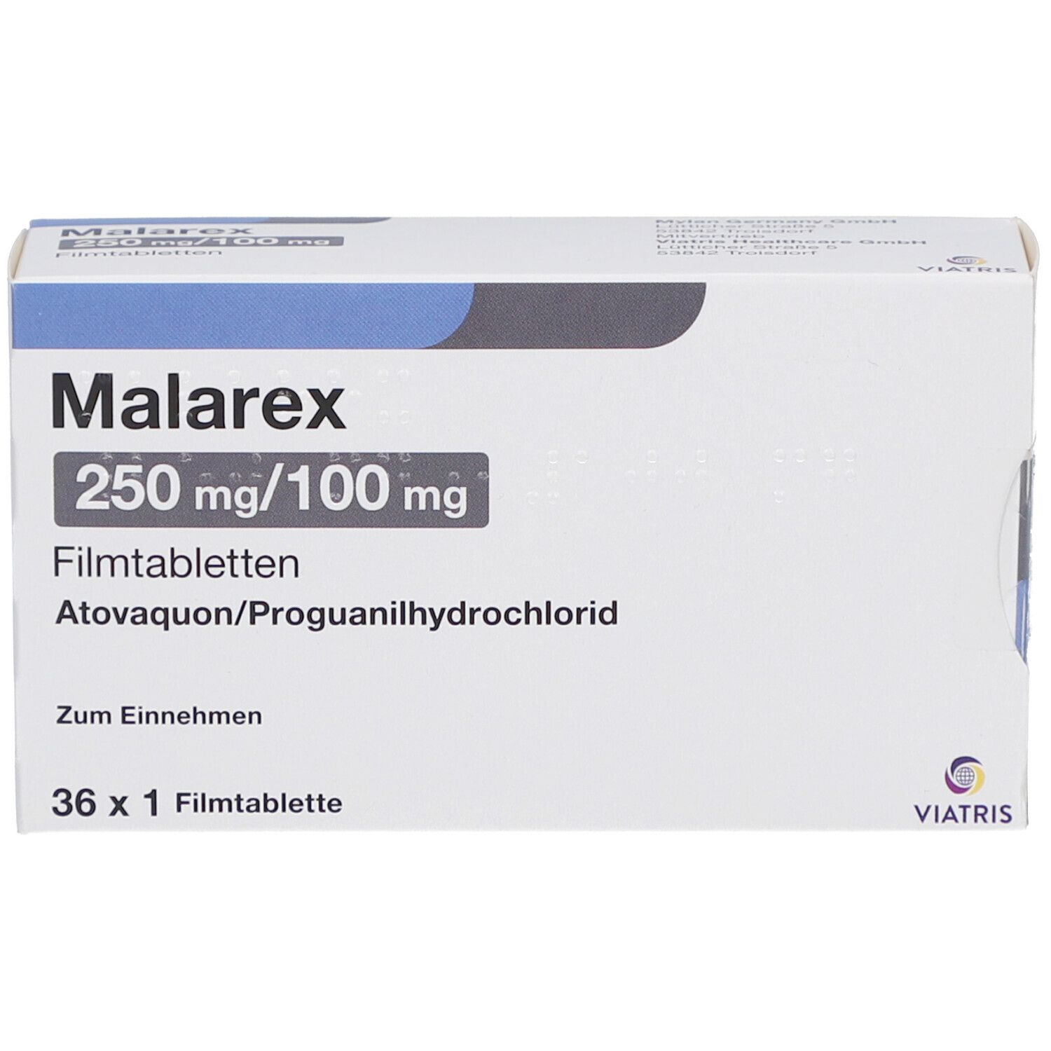 Schachtel MALAREX 250 mg/100 mg Filmtabletten. Aufschrift: Atovaquon/Proguanilhydrochlorid, 36 x 1 Filmtablette.