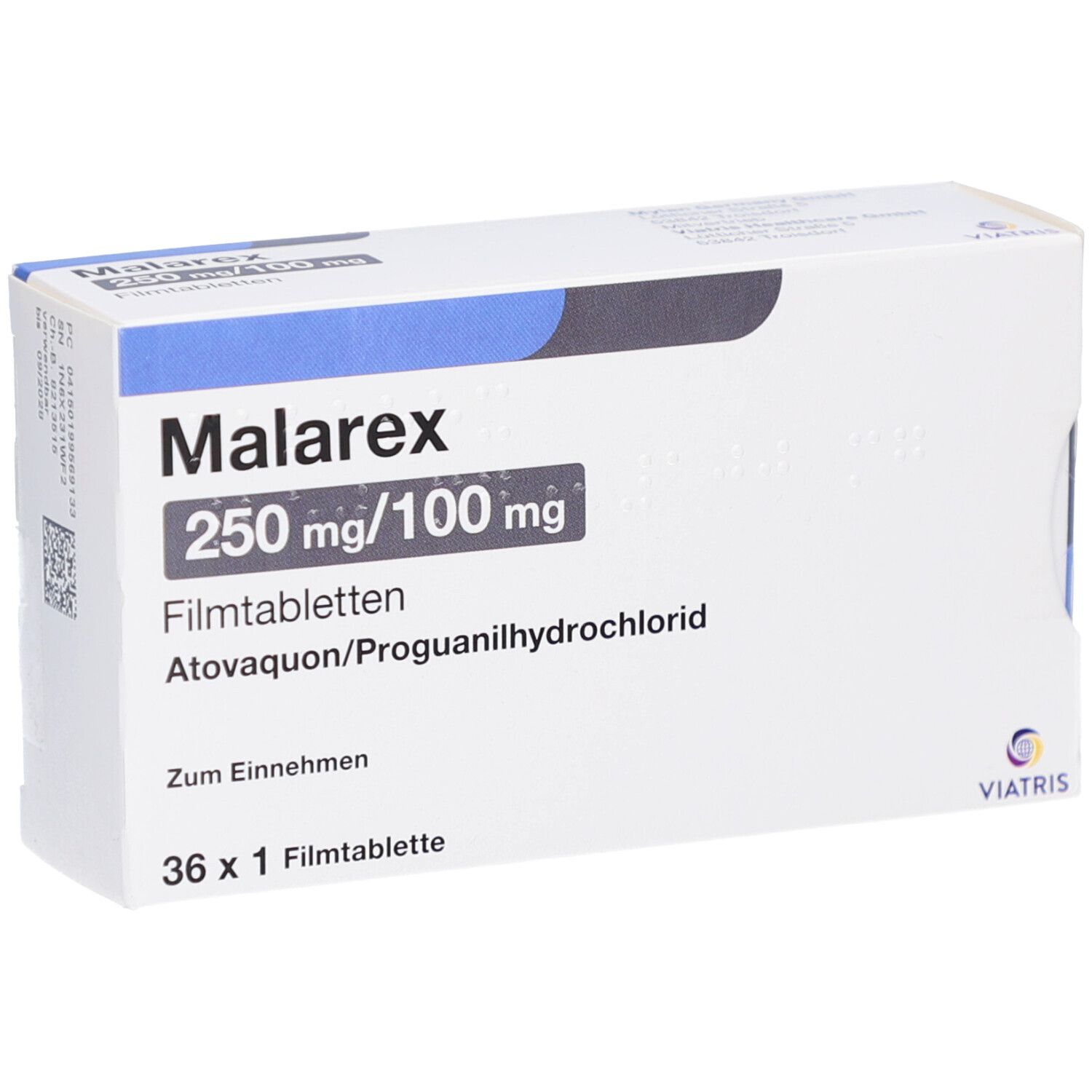 Schachtel MALAREX 250 mg/100 mg Filmtabletten. Aufschrift: Atovaquon/Proguanilhydrochlorid, 36 x 1 Filmtablette.