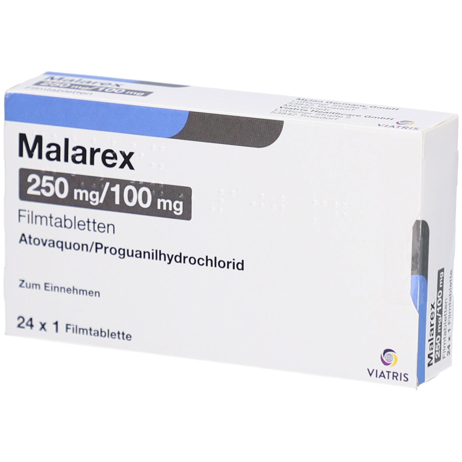 Schachtel mit MALAREX 250 mg/100 mg Filmtabletten. Aufschrift: Atovaquon/Proguanilhydrochlorid, 24 x 1 Filmtablette.