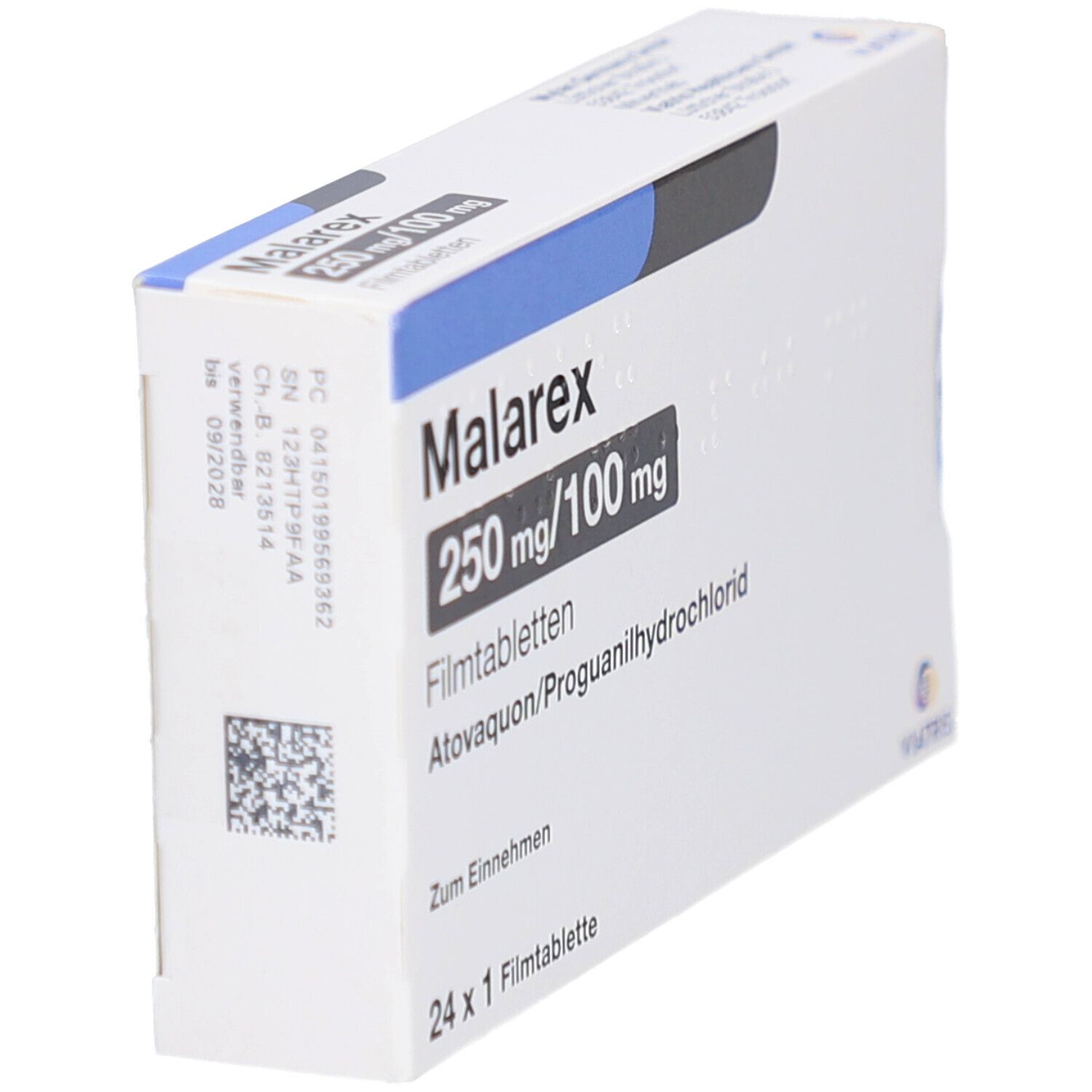 Schräg gestellte Schachtel mit MALAREX 250 mg/100 mg Filmtabletten. Aufschrift: Atovaquon/Proguanilhydrochlorid, 24 x 1 Filmtablette.