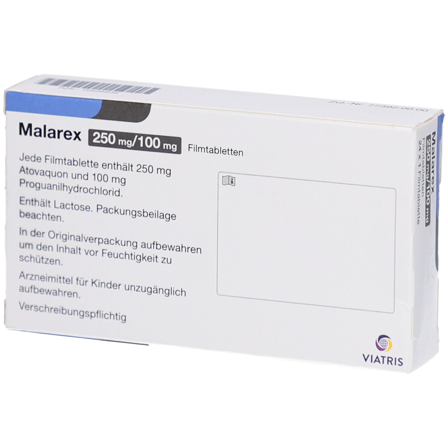 Rückseite der Schachtel mit MALAREX 250 mg/100 mg Filmtabletten. Text: Atovaquon/Proguanilhydrochlorid, Packungsbeilage beachten.