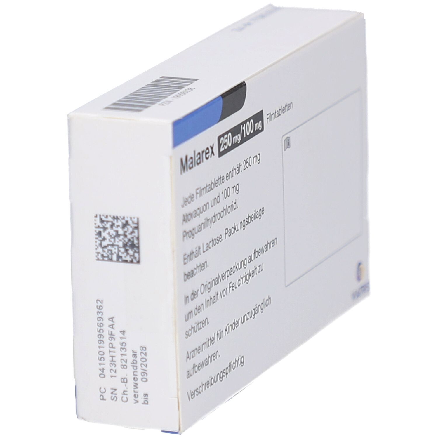 Schräg gestellte Rückseite der Schachtel mit MALAREX 250 mg/100 mg Filmtabletten. Text: Atovaquon/Proguanilhydrochlorid.