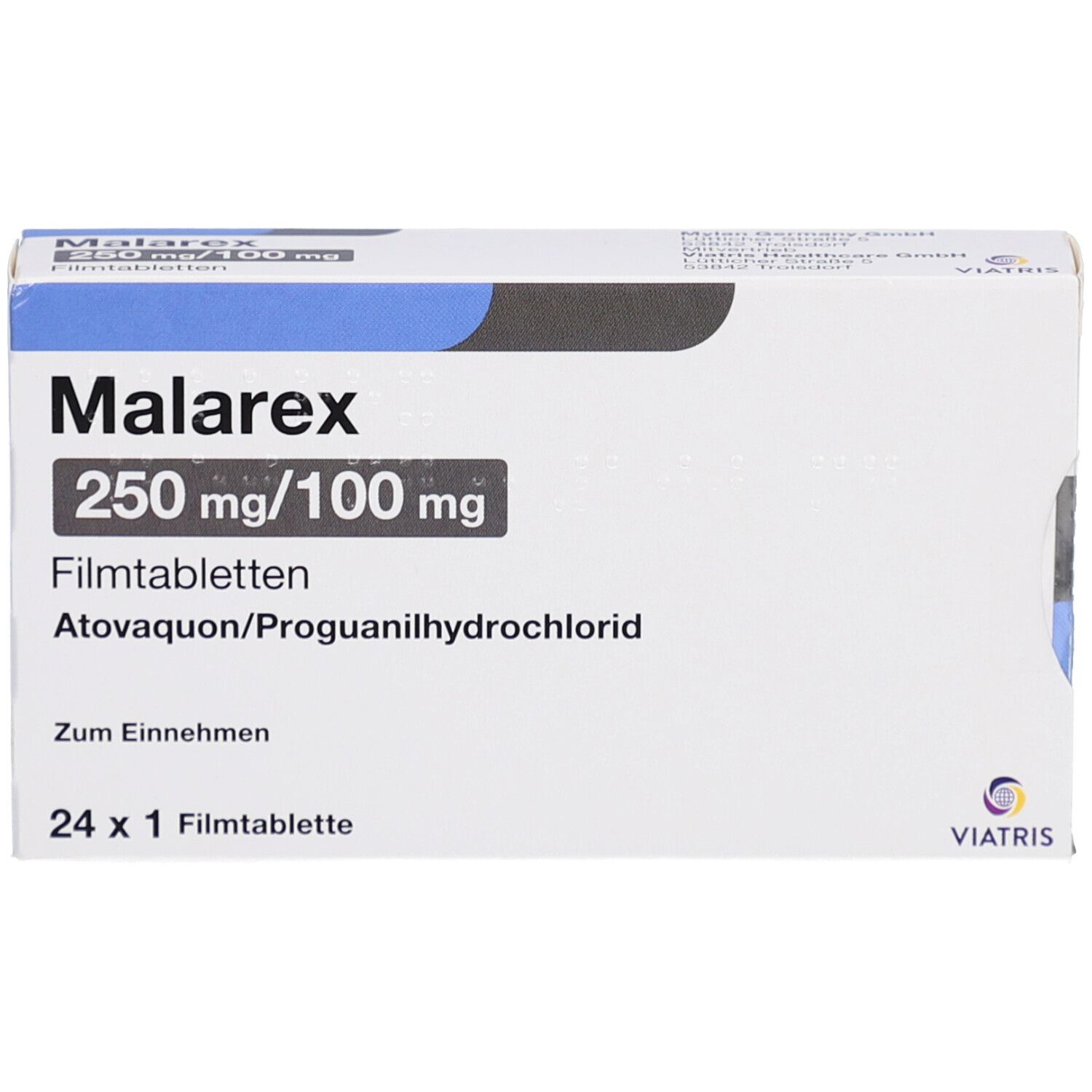 Schachtel mit MALAREX 250 mg/100 mg Filmtabletten. Aufschrift: Atovaquon/Proguanilhydrochlorid, 24 x 1 Filmtablette.