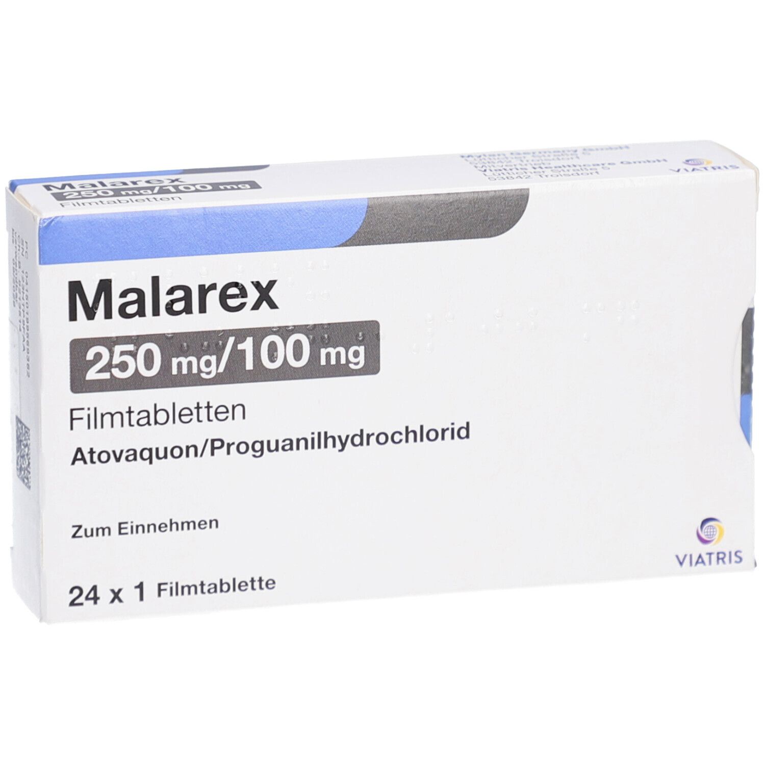Schachtel mit MALAREX 250 mg/100 mg Filmtabletten. Aufschrift: Atovaquon/Proguanilhydrochlorid, 24 x 1 Filmtablette.