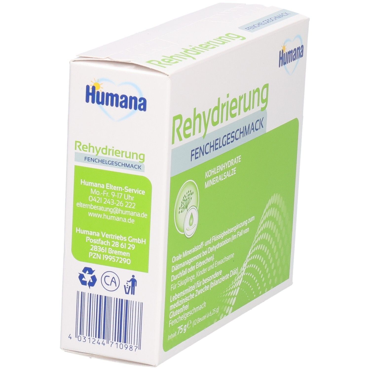 Weiße Schachtel mit grünem Feld. Aufschrift: Rehydrierung Fenchelgeschmack. Marke: Humana. Rückseite mit Text und Barcode.