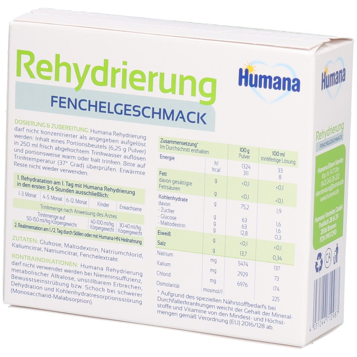 Weiße Schachtel mit grünem Feld. Aufschrift: Rehydrierung Fenchelgeschmack. Marke: Humana. Nährwerttabelle und Dosierungsanleitung.