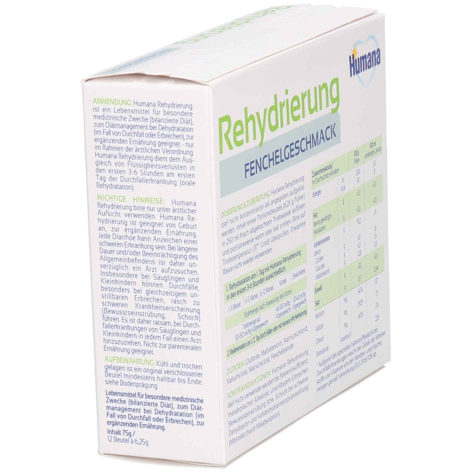 Weiße Schachtel mit grünem Feld. Aufschrift: Rehydrierung Fenchelgeschmack. Marke: Humana. Anwendungshinweise und Dosierung.