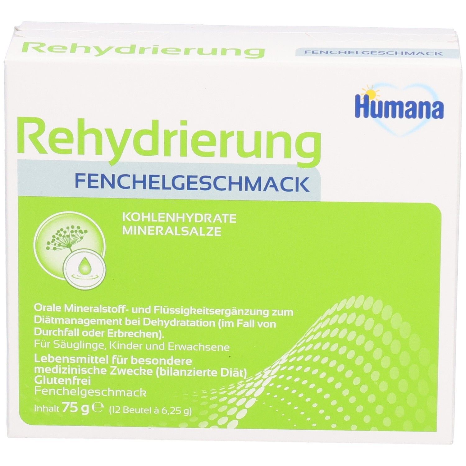 Weiße Schachtel mit grünem Feld. Aufschrift: Rehydrierung Fenchelgeschmack. Marke: Humana. Enthält Kohlenhydrate und Mineralsalze.