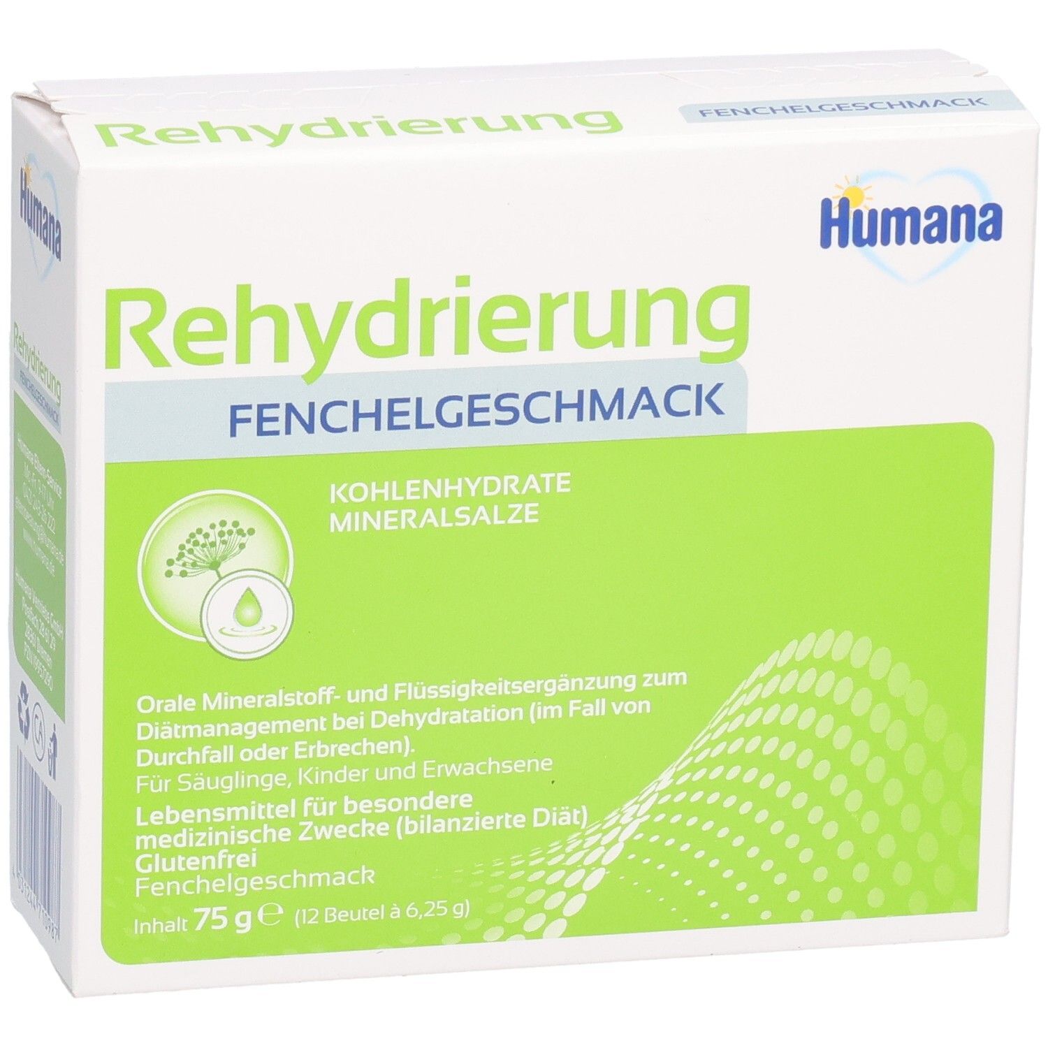 Weiße Schachtel mit grünem Feld. Aufschrift: Rehydrierung Fenchelgeschmack. Marke: Humana. Enthält Kohlenhydrate und Mineralsalze.