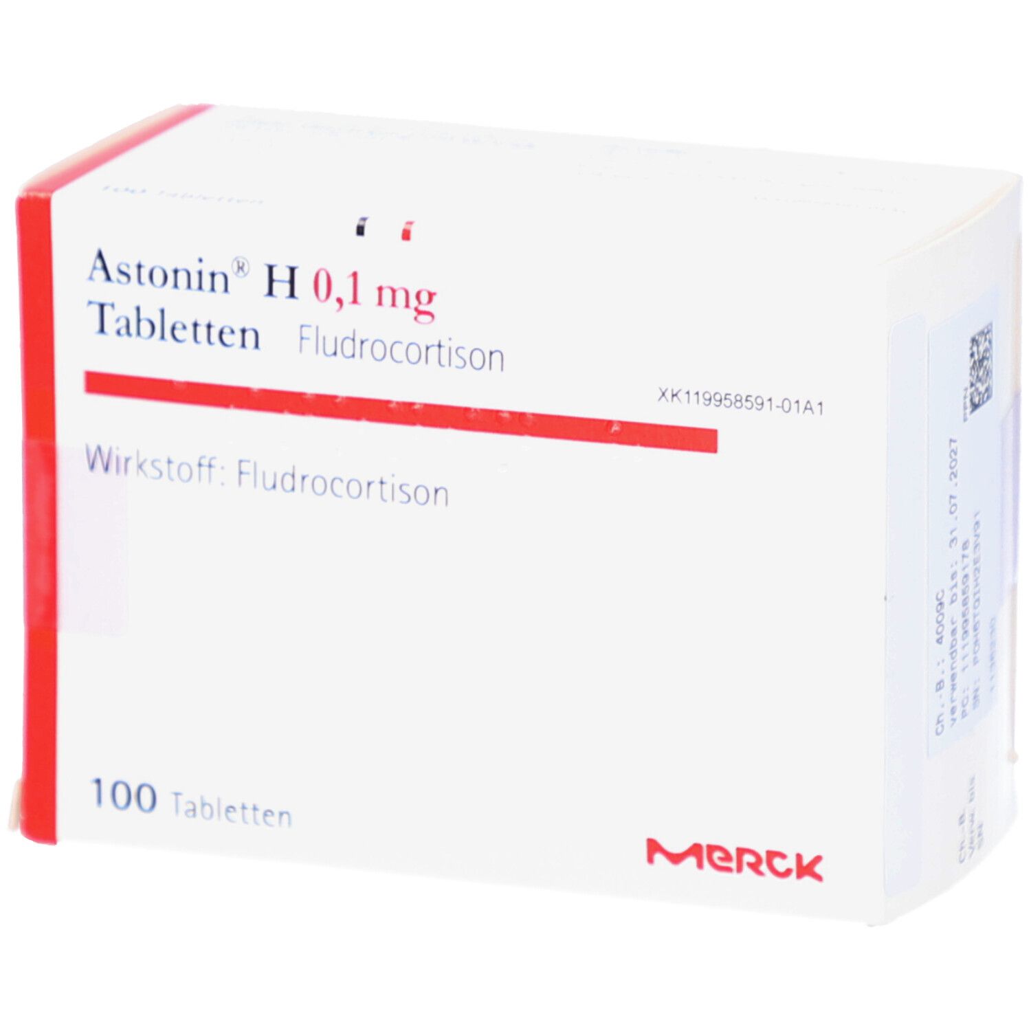 Weiße Schachtel mit roter Umrandung. Aufschrift: Astonin H 0,1 mg Tabletten, 100 Tabletten, Wirkstoff: Fludrocortison. Merck Logo.