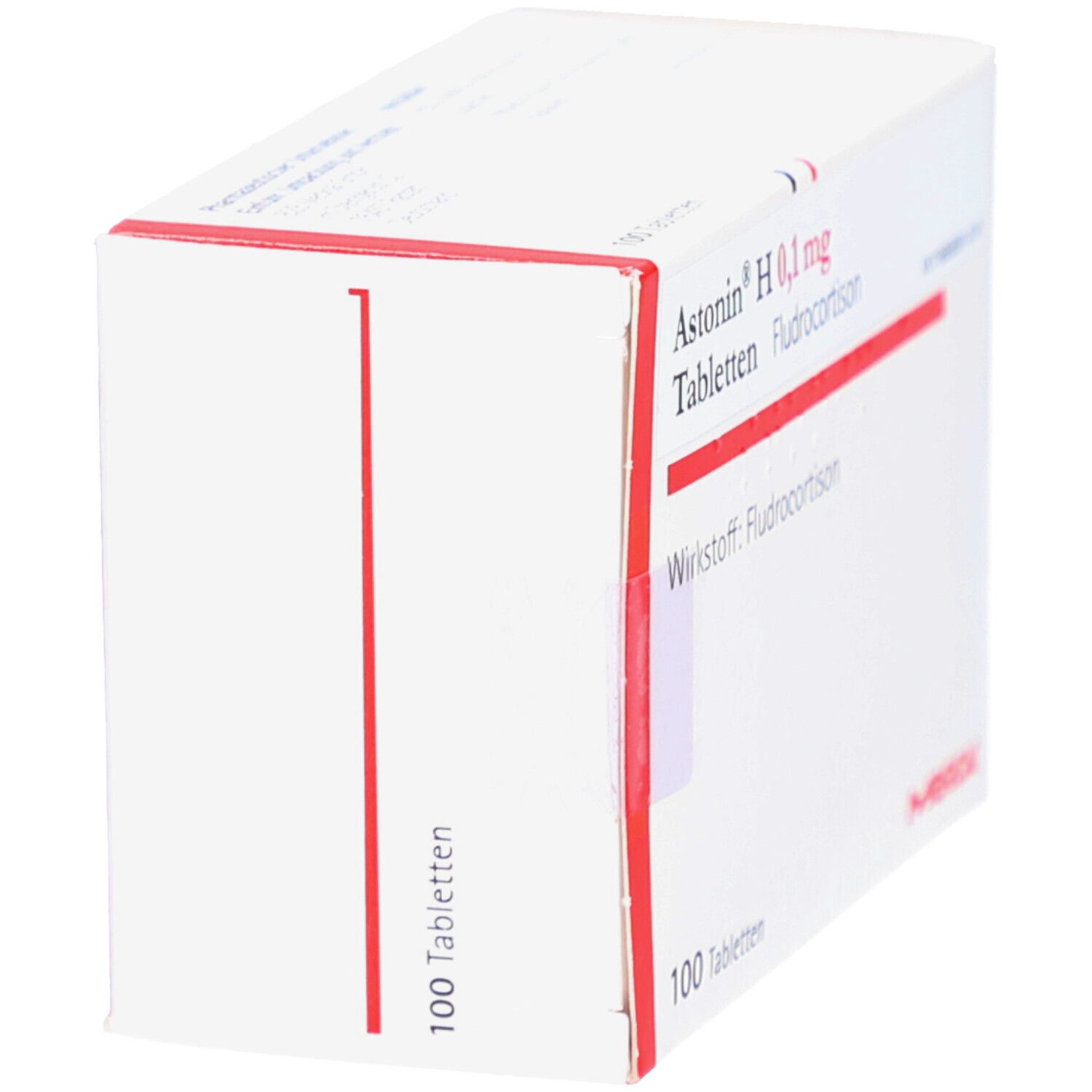 Weiße Schachtel mit roter Umrandung. Aufschrift: Astonin H 0,1 mg Tabletten, 100 Tabletten. Merck Logo.