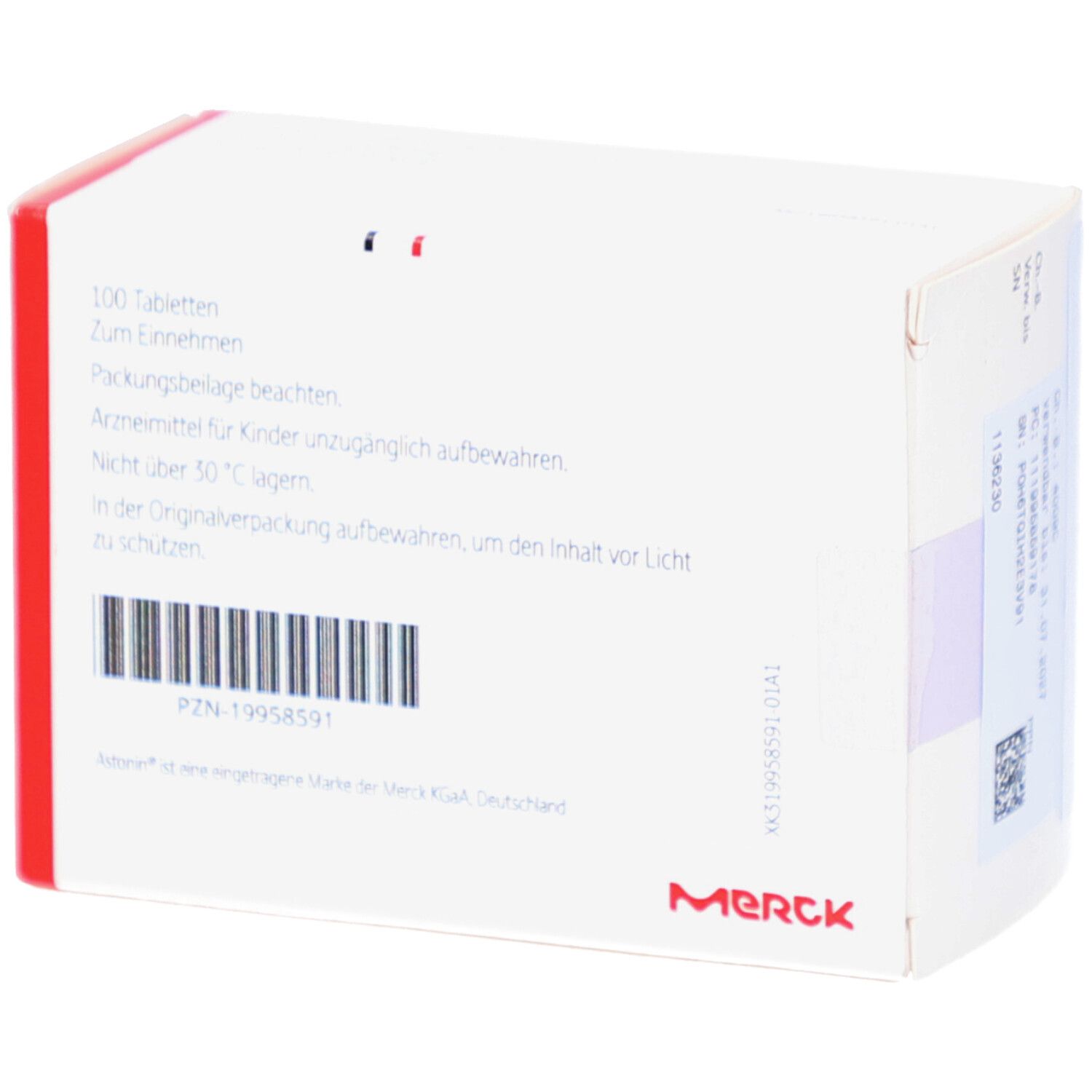 Weiße Schachtel mit roter Umrandung. Aufschrift: 100 Tabletten, PZN-19958591, Merck Logo.