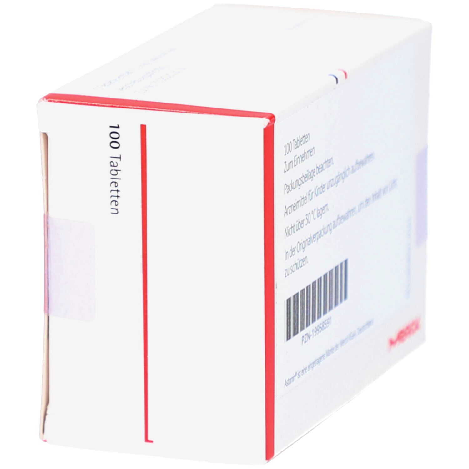 Weiße Schachtel mit roter Umrandung. Aufschrift: 100 Tabletten, PZN-19958591, Merck Logo.