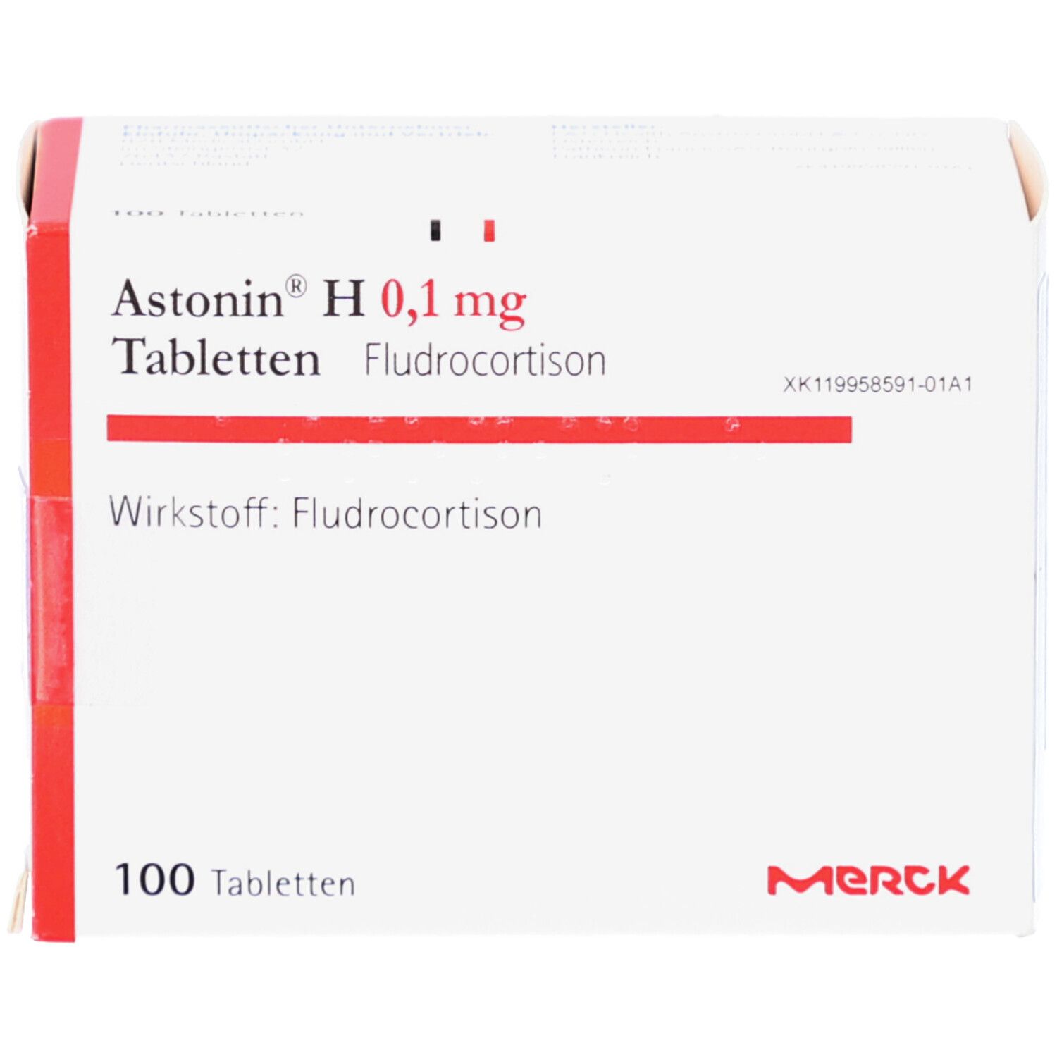Weiße Schachtel mit roter Umrandung. Aufschrift: Astonin H 0,1 mg Tabletten, 100 Tabletten, Wirkstoff: Fludrocortison. Merck Logo.