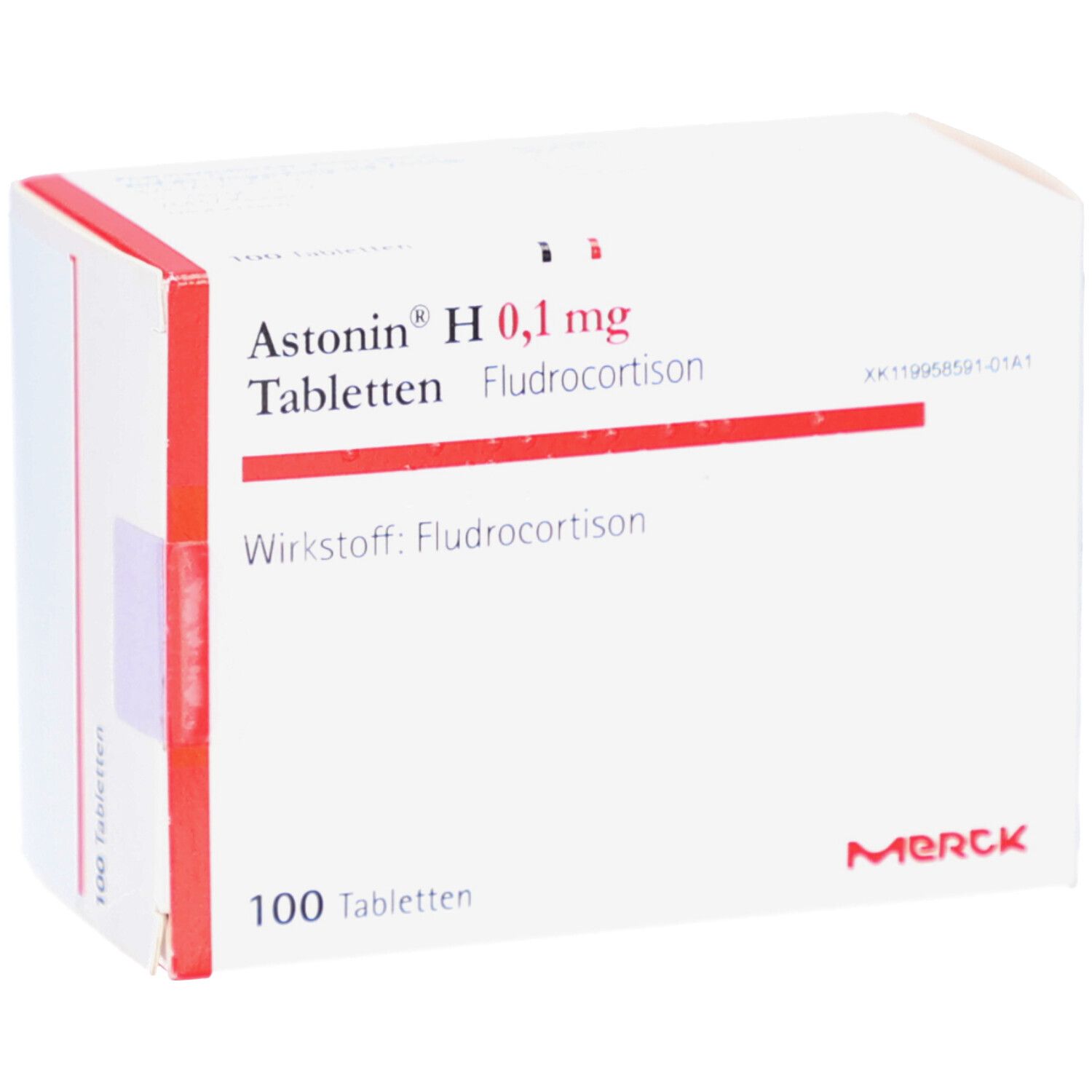 Weiße Schachtel mit roter Umrandung. Aufschrift: Astonin H 0,1 mg Tabletten, 100 Tabletten, Merck Logo.