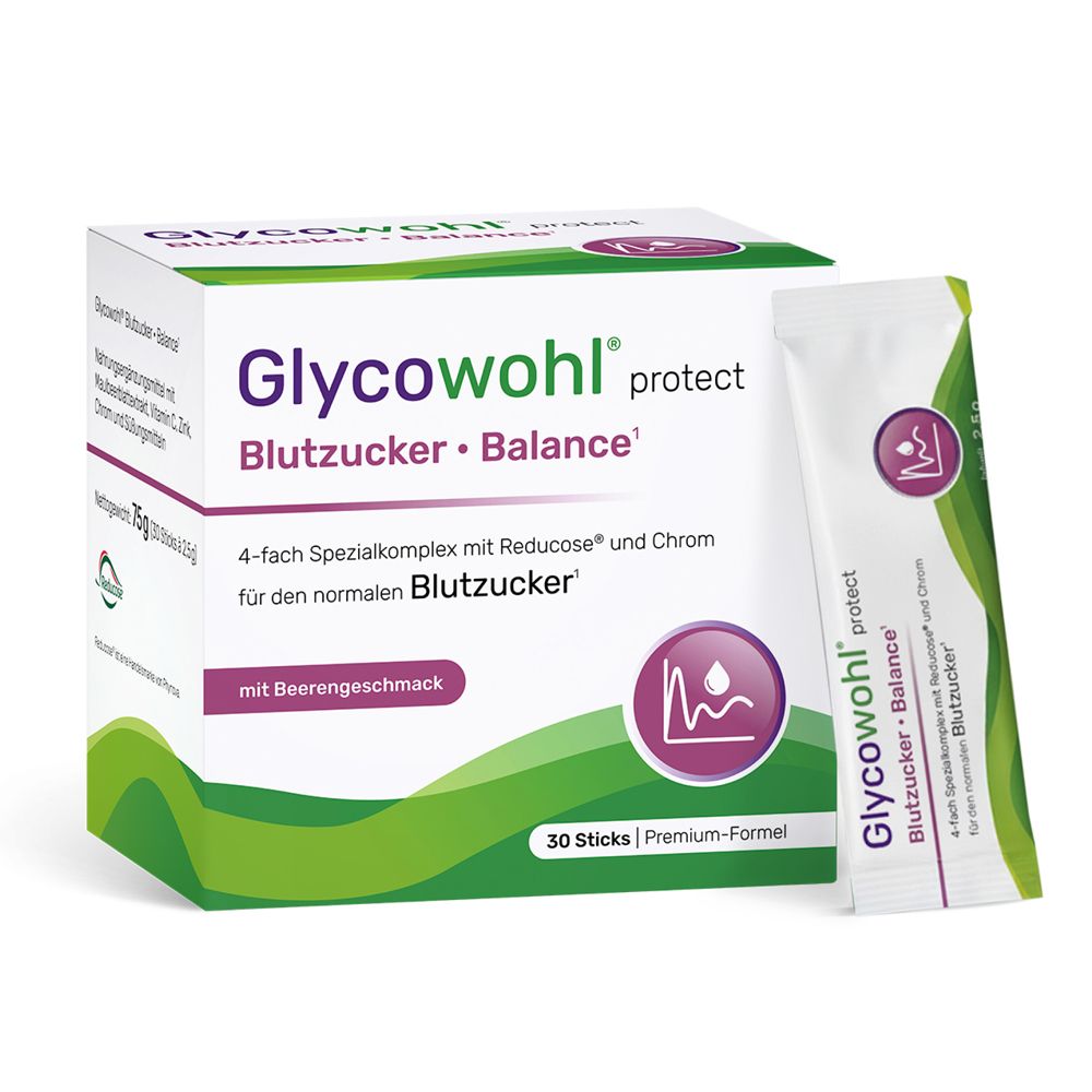 Schachtel mit GLYCOWOHL Blutzucker Balance Sticks. 30 Sticks, Premium-Formel. Grün-weiße Verpackung mit Produktnamen.