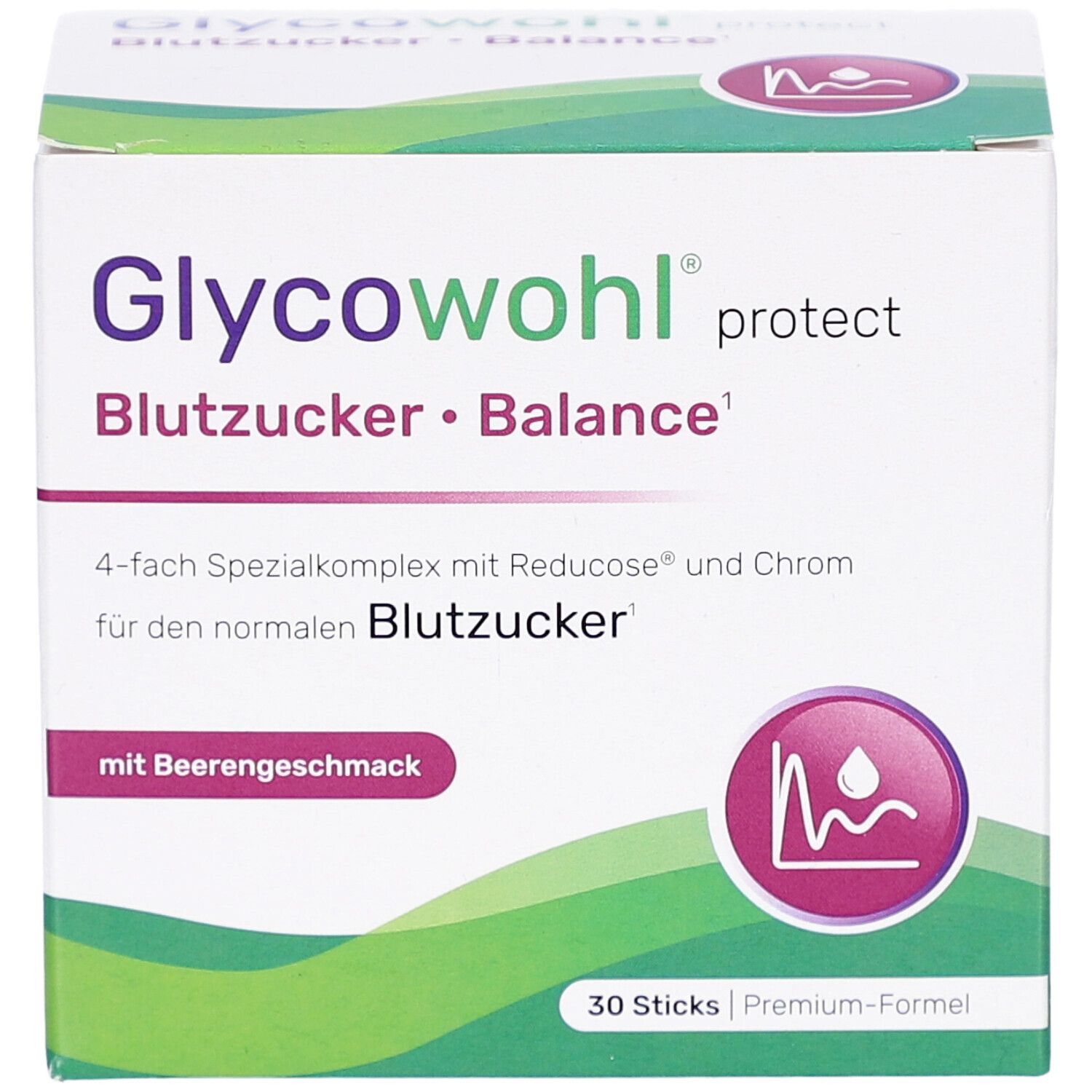 Schachtel GLYCOWOHL Blutzucker Balance Sticks. Aufschrift: 4-fach Spezialkomplex, mit Beerengeschmack. 30 Sticks.