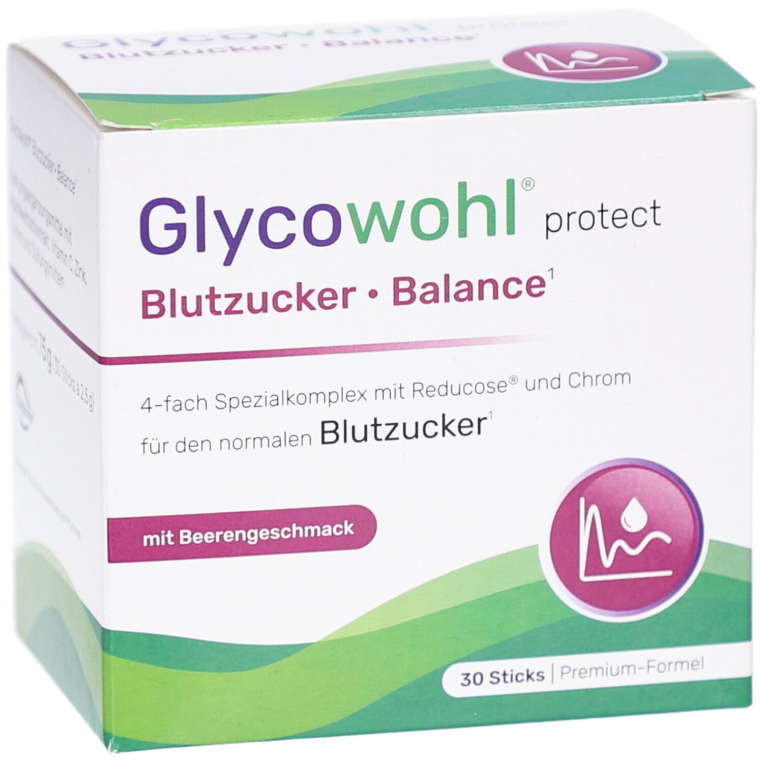 Schachtel GLYCOWOHL Blutzucker Balance Sticks. Aufschrift: 4-fach Spezialkomplex, mit Beerengeschmack. 30 Sticks.