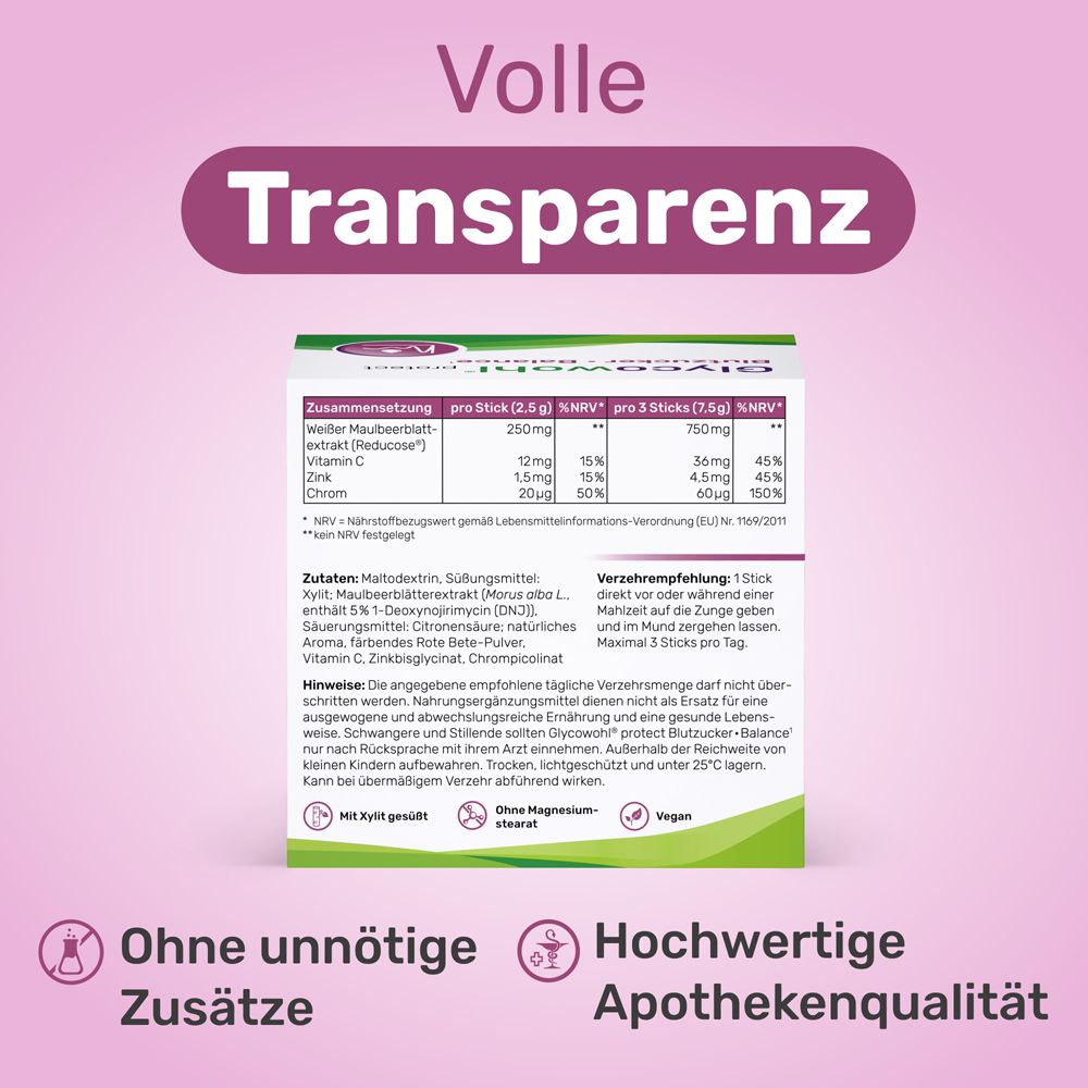 Produktinformationen auf der Rückseite der Verpackung. Inhaltsstoffe, Nährwerte, Hinweise. Rosa Hintergrund.