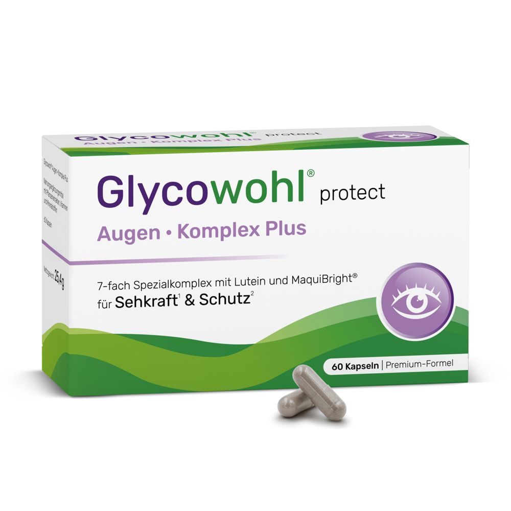 Schachtel mit GLYCOWOHL protect Augenkomplex. 60 Kapseln. Grün-weißes Design. Produkt und zwei Kapseln.