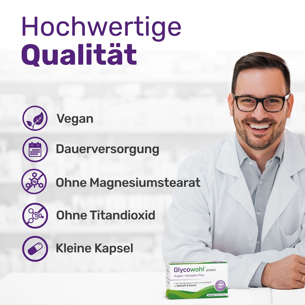 Arzt mit Brille. Text: Vegan, Dauerversorgung, Ohne Magnesiumstearat, Ohne Titandioxid, Kleine Kapsel.