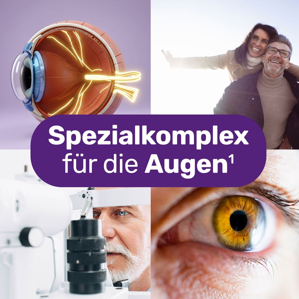 Collage mit Bildern: Auge, Augapfel, Augenuntersuchung, glückliches Paar. Text: Spezialkomplex für die Augen.
