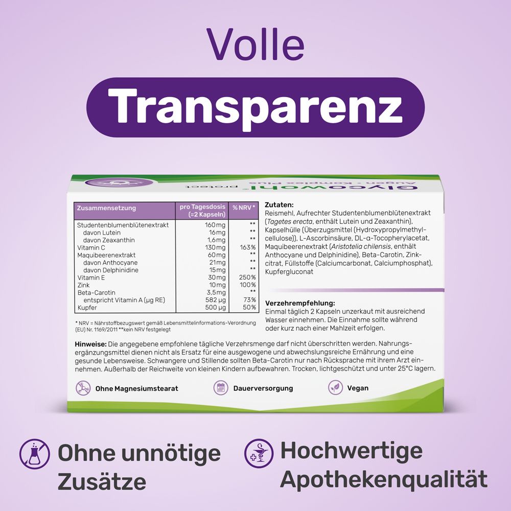 Rückseite der Packung mit Inhaltsstoffen und Verzehrempfehlung. Text: Ohne unnötige Zusätze, Apothekenqualität.