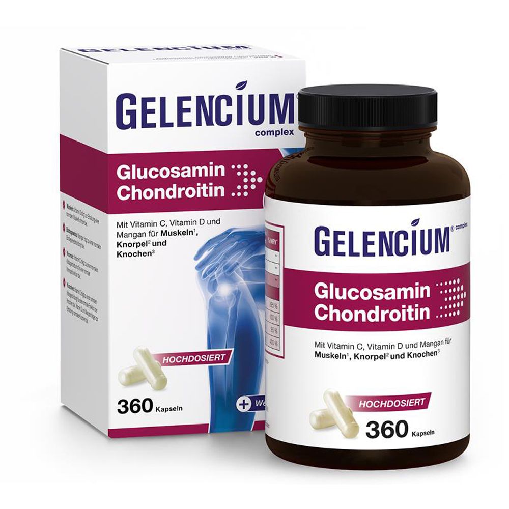 GELENCIUM® Glucosamin Chondroitin, Flasche und Schachtel. Kapseln und Produktinformationen. Hochdosiert.